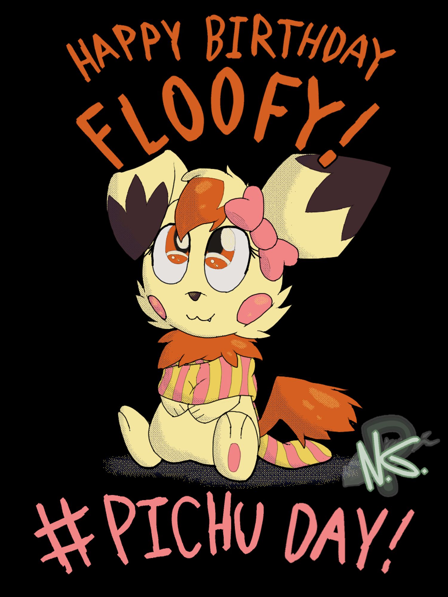 Floofychu's Pikasona, Rikku, sitting between the texts "Happy Birthday Floofy!" and "#PichuDay!"