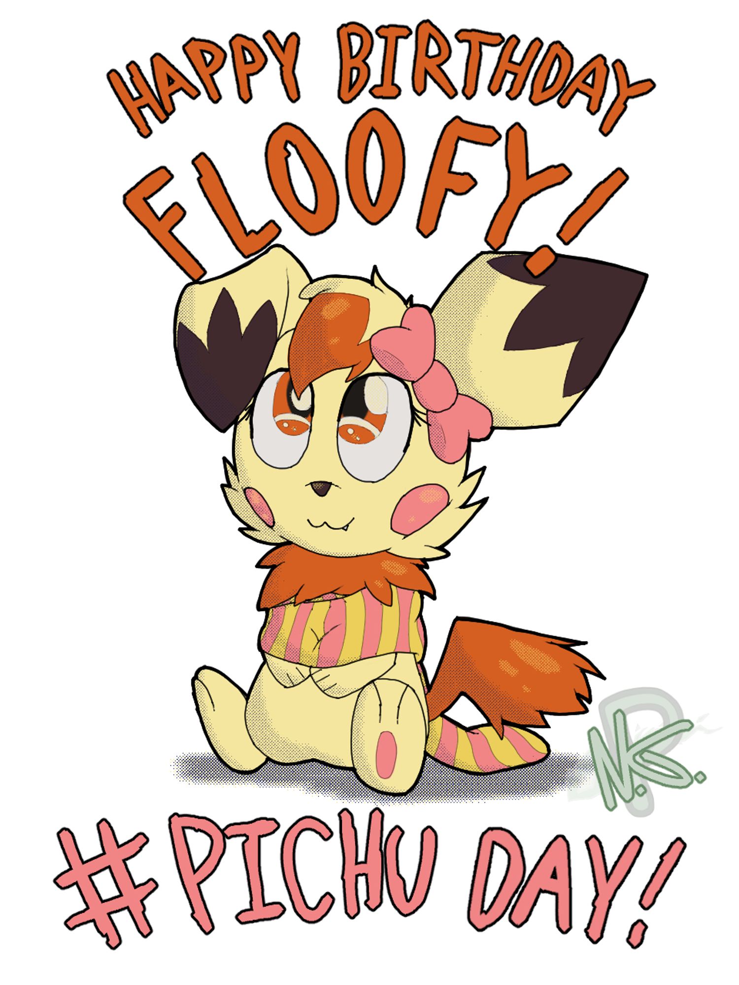 Floofychu's Pikasona, Rikku, sitting between the texts "Happy Birthday Floofy!" and "#PichuDay!"