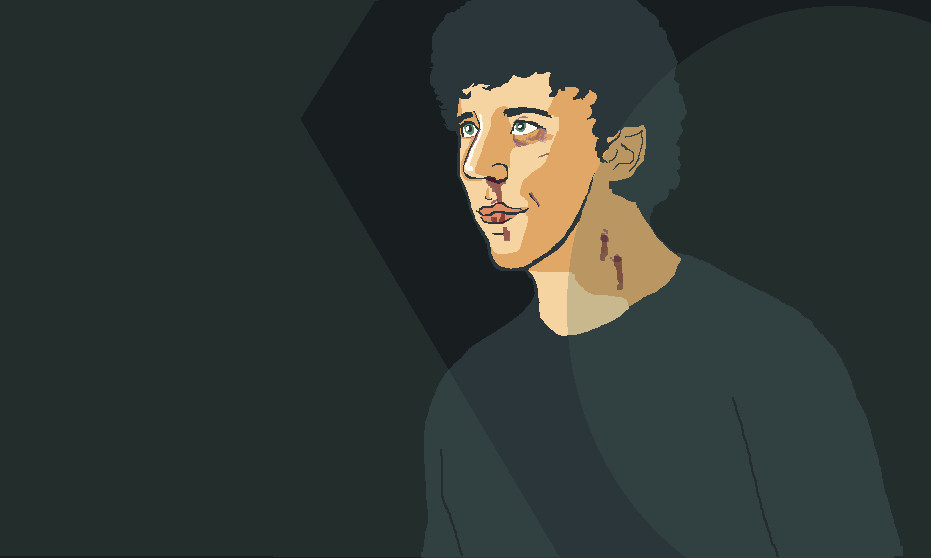 a digital pixel art drawing of daniel molly from interview with the vampire, his face is bruised and he has a bloody nose with two bite marks on his neck. 