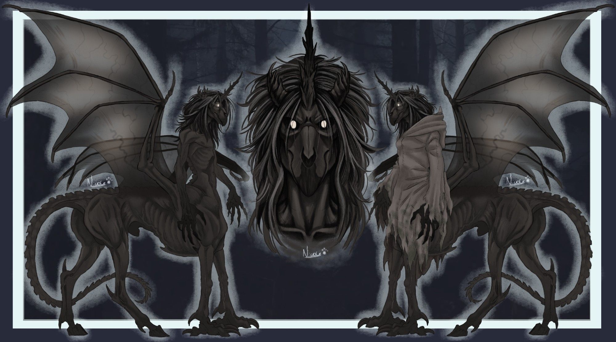 custom character design for my customer Krahenschrei
A centaur Thestral, black skinned, with bat like wings, long hair. x2 fullbodies, one; without clothes and second; with a ragged tunic. and in the middle, a close up bust of the character