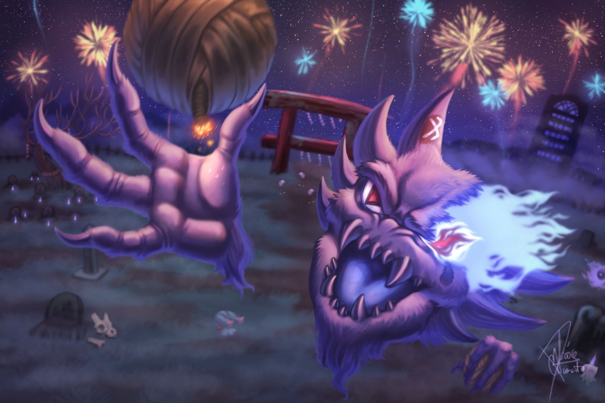 Illustration commission for a customer on DeviantArt 
A Haunter, pokemon, throwing fireworks on the sky, on a cemetery scenario. Lighting up the area