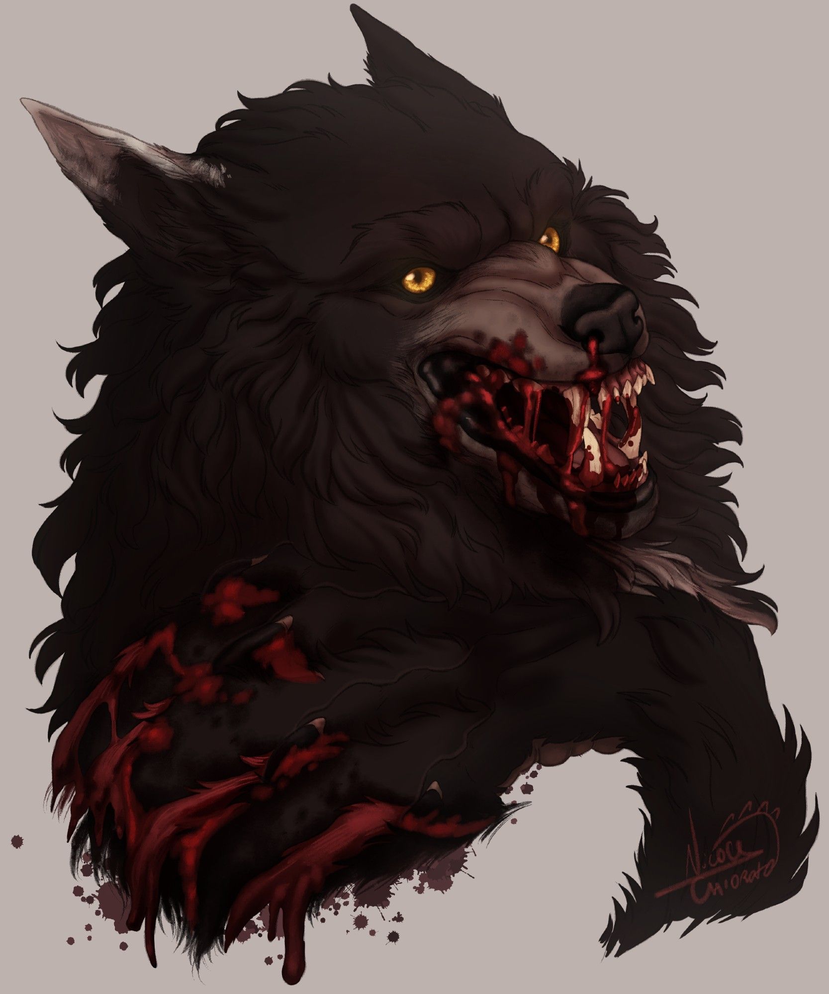 Bust for my customer Chris Spoici
Werewolf bust, lookign at theviewer, snarling, scratching himself with his nails, blood on his mouth and fingers