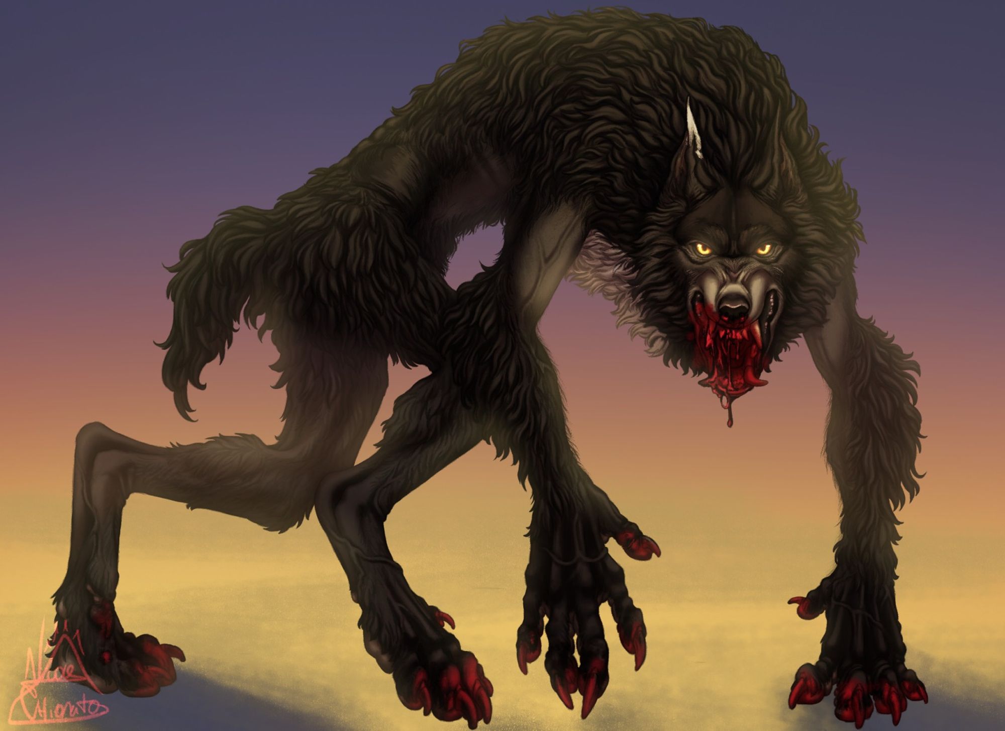 Werewolf, fullbody commission for Chris Spoici
Featuring a werewolf character, fullbody, snarling at the viewer, walking on fours, with bloody mouth