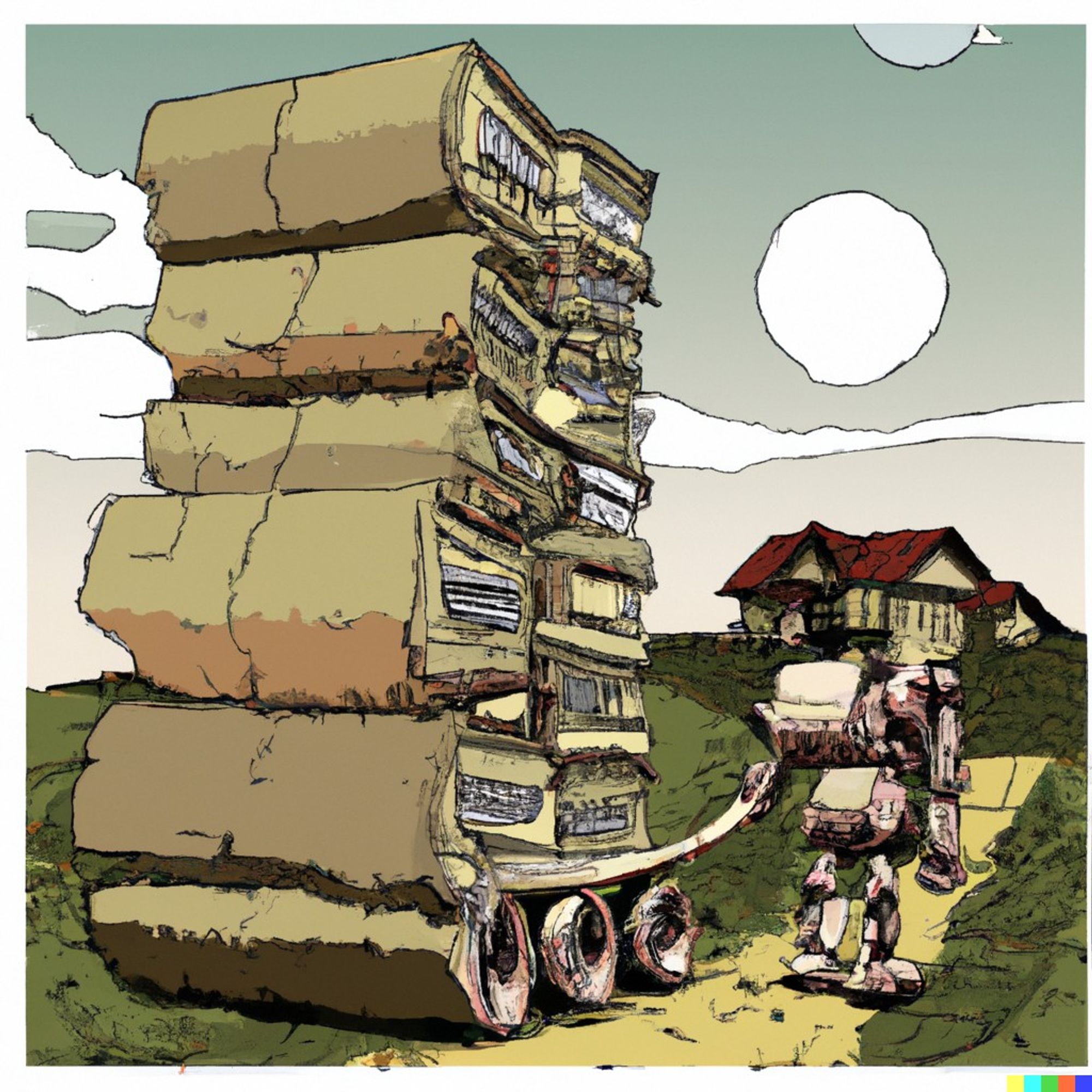 DALL·E 2023-01-10 16.12.41 - an old robot that carries a large stack of old manuscripts from a cornfield to a farm house, manga style