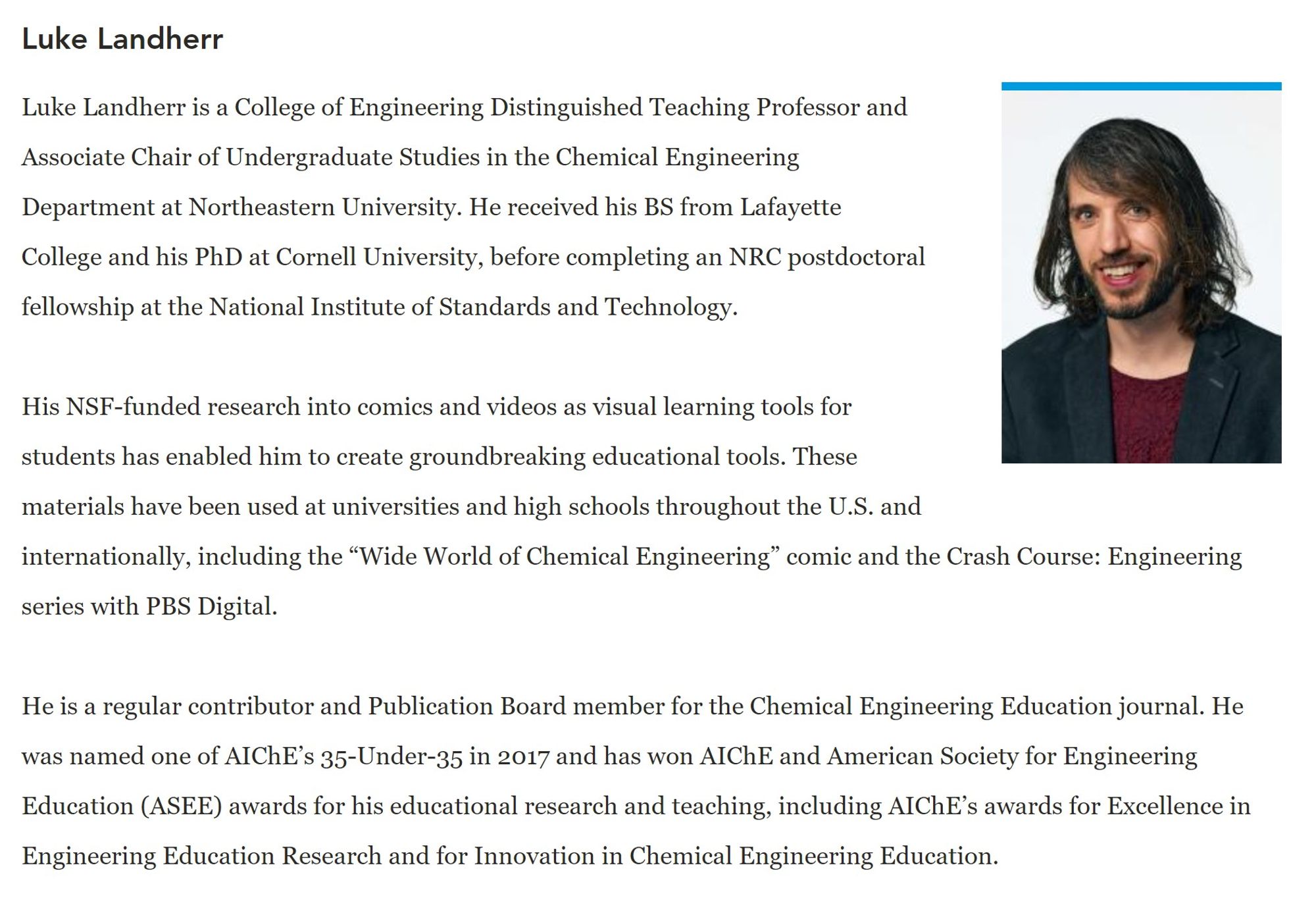 Luke Landherr's candidate profile for AIChE Board of Directors.  Can be accessed and read through the AIChE website here for better alt-text purposes: https://www.aiche.org/about/governance/elections/2024-board-directors-election#panels-pane-aiche-election-aiche-election