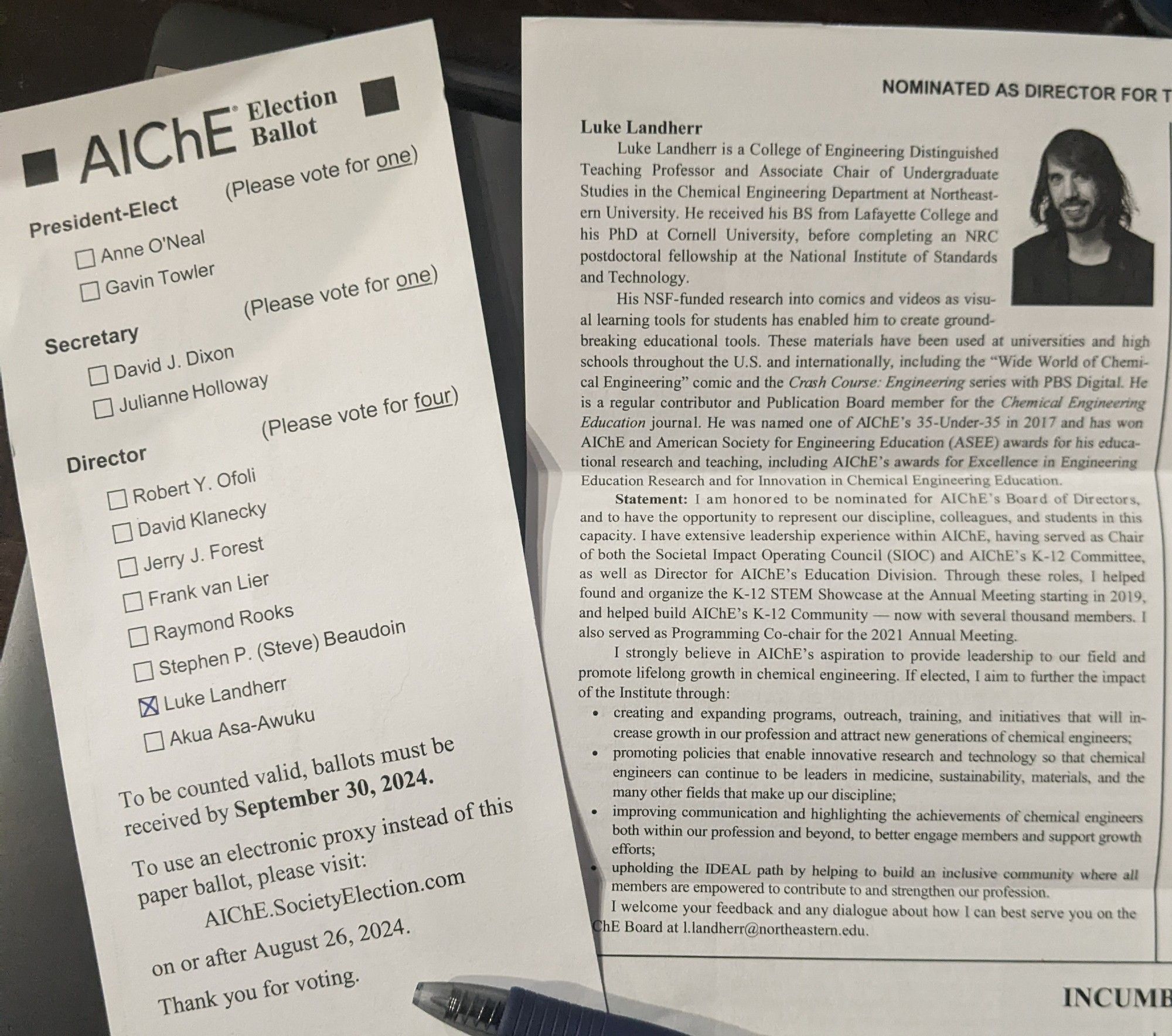 AIChE ballot for board of directors.  The box for Luke Landherr is checked!  Please vote!  AIChE.SocietyElection.com