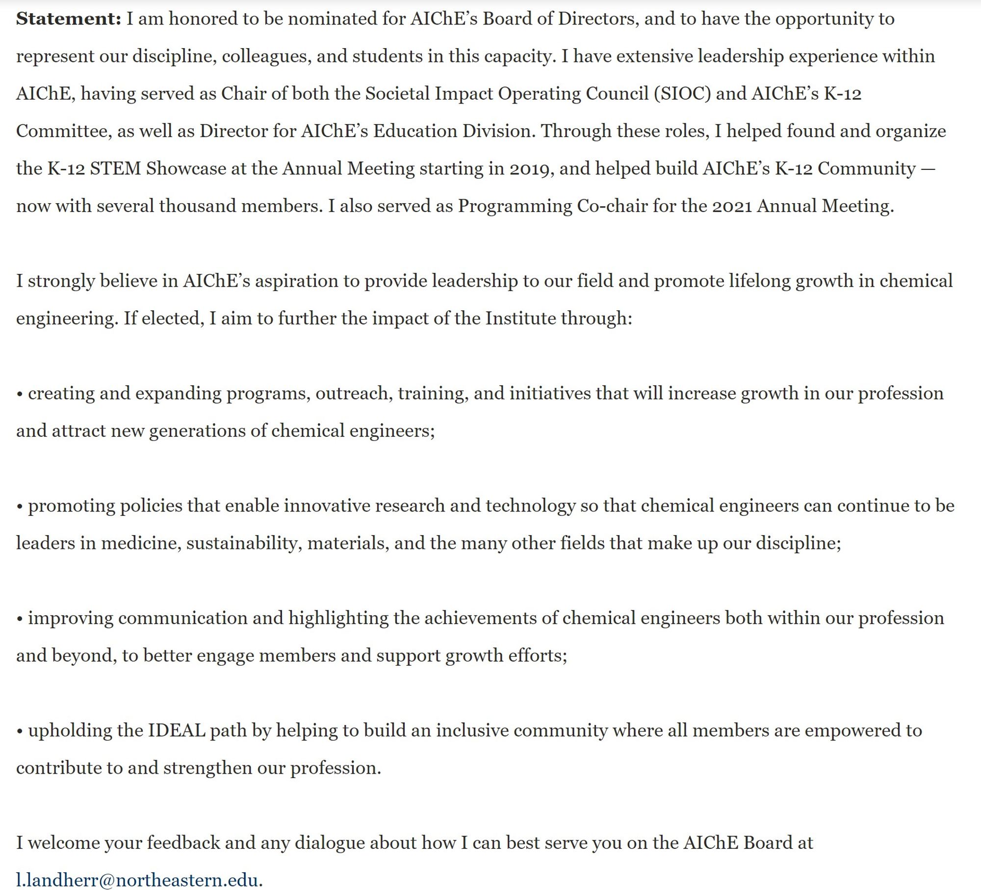 Luke Landherr's ballot statement for AIChE Board of Directors.  Can be accessed and read through the AIChE website here for better alt-text purposes: https://www.aiche.org/about/governance/elections/2024-board-directors-election#panels-pane-aiche-election-aiche-election