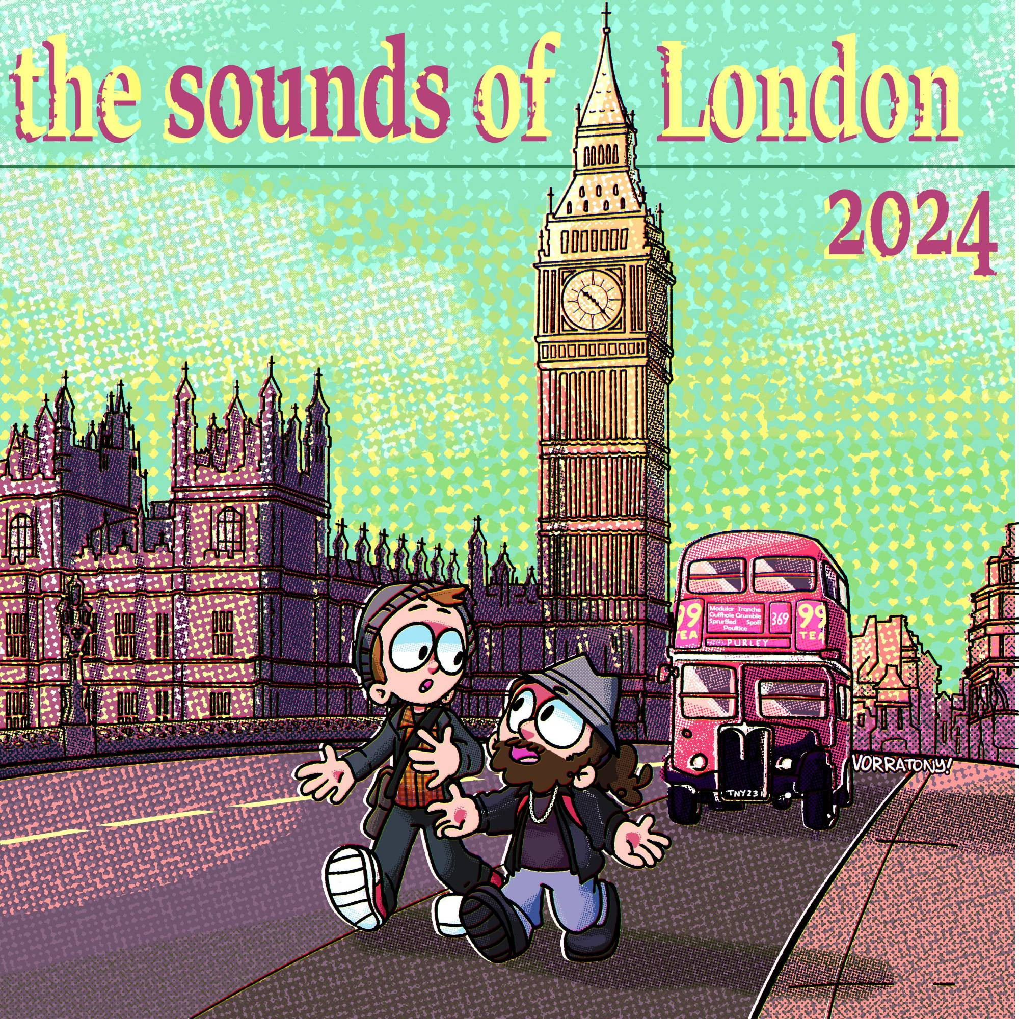 illustration of Paul and Eli walking across the Westminster bridge, oblivious to a bus driving towards them. drawing is a mockup of the "the sounds of London" vinyl cover.