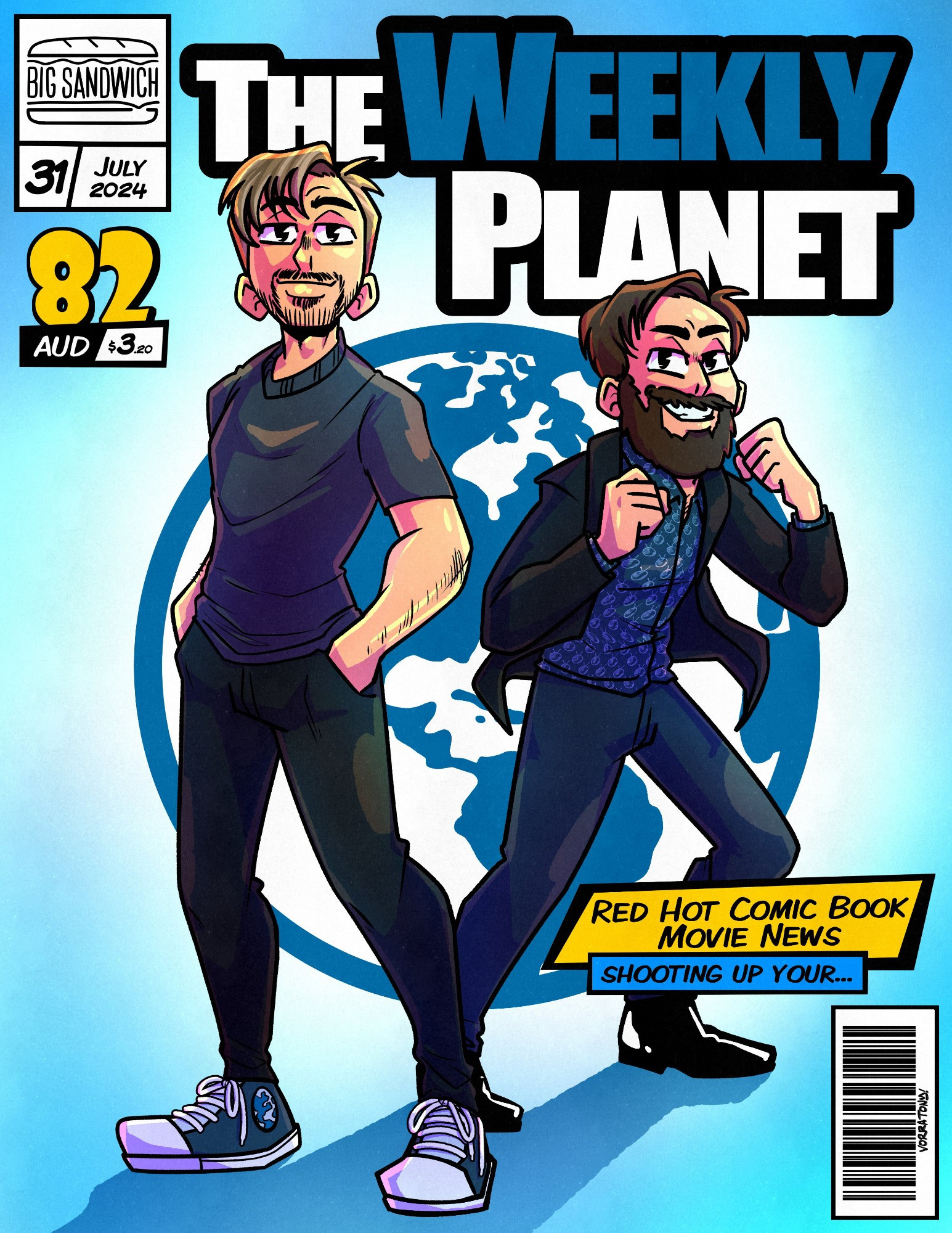 illustration drawn to look like a comic book cover, featuring The Weekly Planet podcast hosts James Clement (Mr Sunday Movies) with his hands in his pockets, and Nick Mason (Maso) in a fighting pose. 