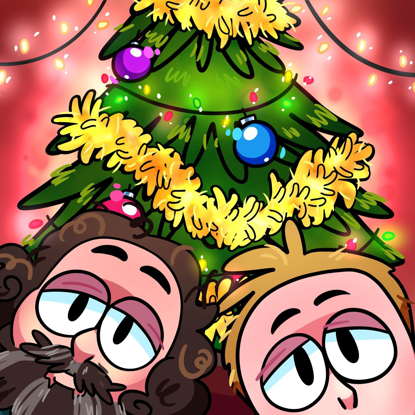 drawing of Eli and Paul (from cheapshow) in front of a Christmas tree