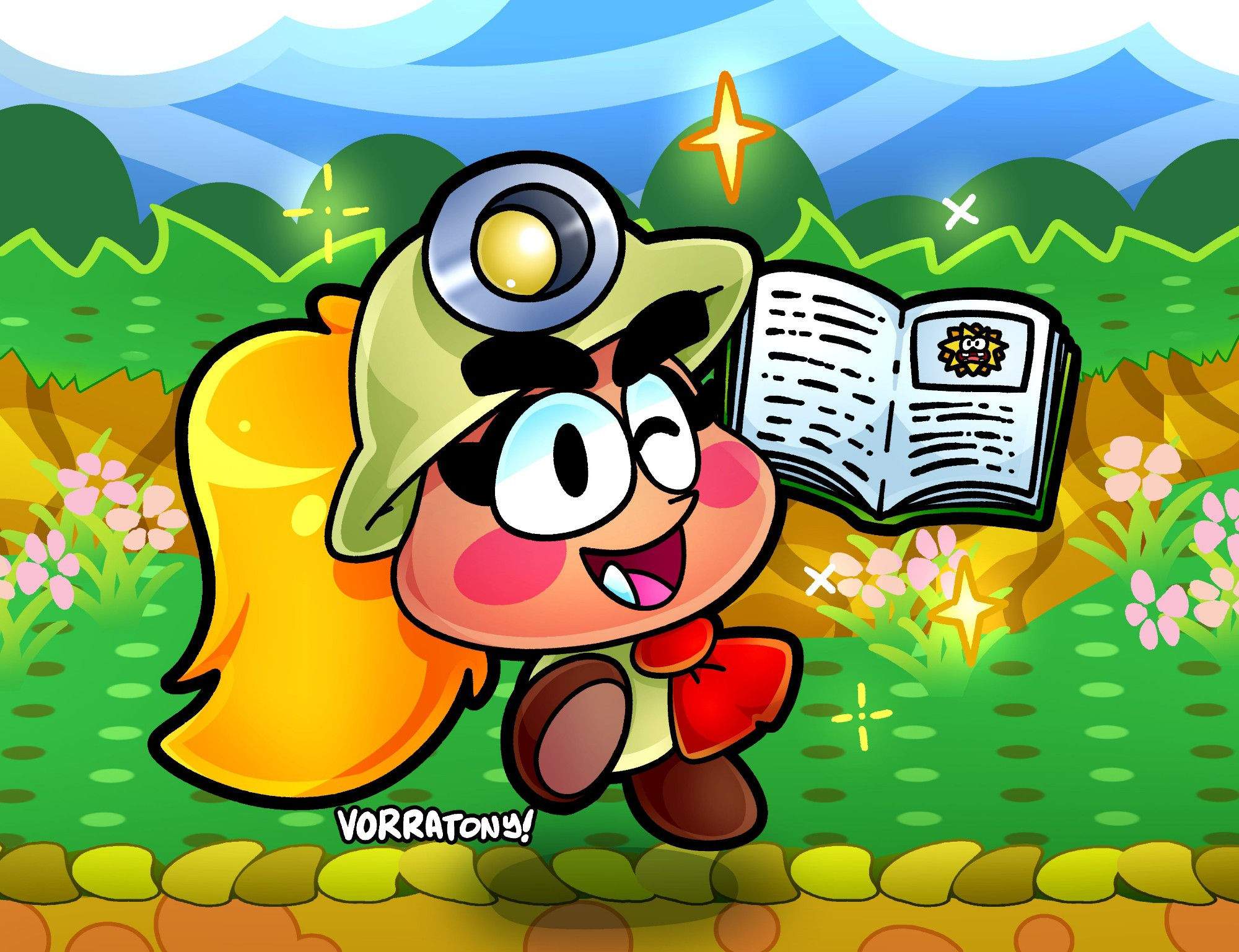 drawing of Goombella in Paper Mario style, holding her encyclopedia and winking