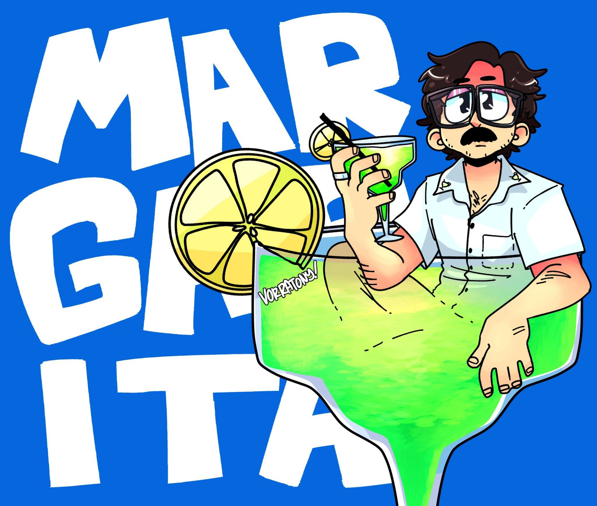 drawing of Eddy Burback, holding a margarita glass and sitting in a giant margarita glass