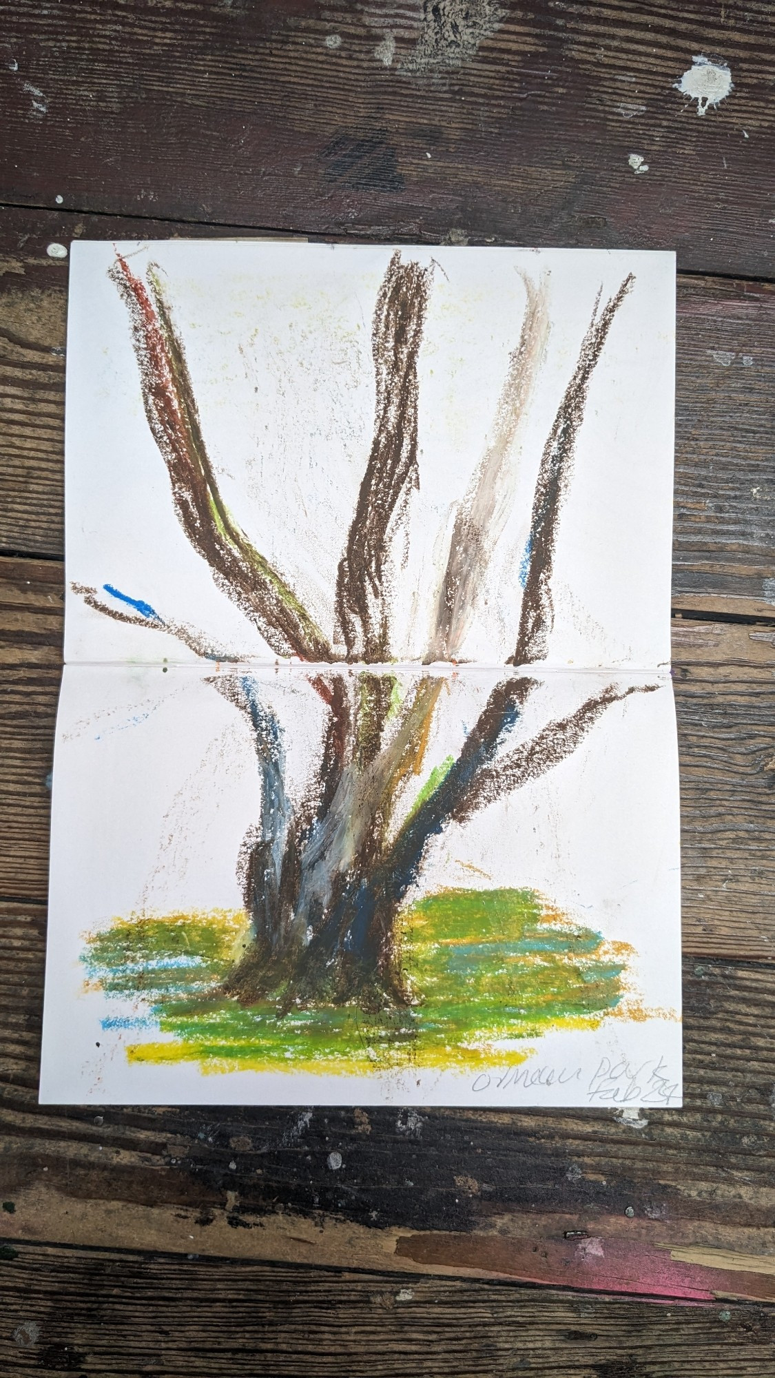 A sketch done with Sakura cray-pas of a tree with no leaves on a winter day