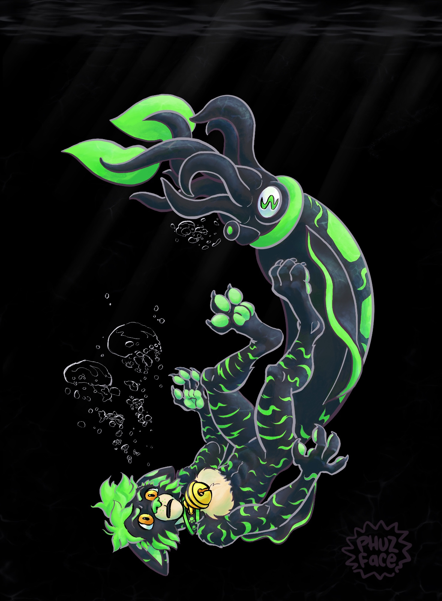 black background. at the top of the page are faint shafts of light shining through grey waves. a black furred anthro cat with a squid for a tail is drifting upside down in an inky watery void. they have neon green accents all over their body, gold yellow eyes, and a collar with a large yellow bell. bubbles are billowing out from his face, and he looks slightly disgruntled. a small stream of bubbles is also being expelled by his squid tail's siphon.