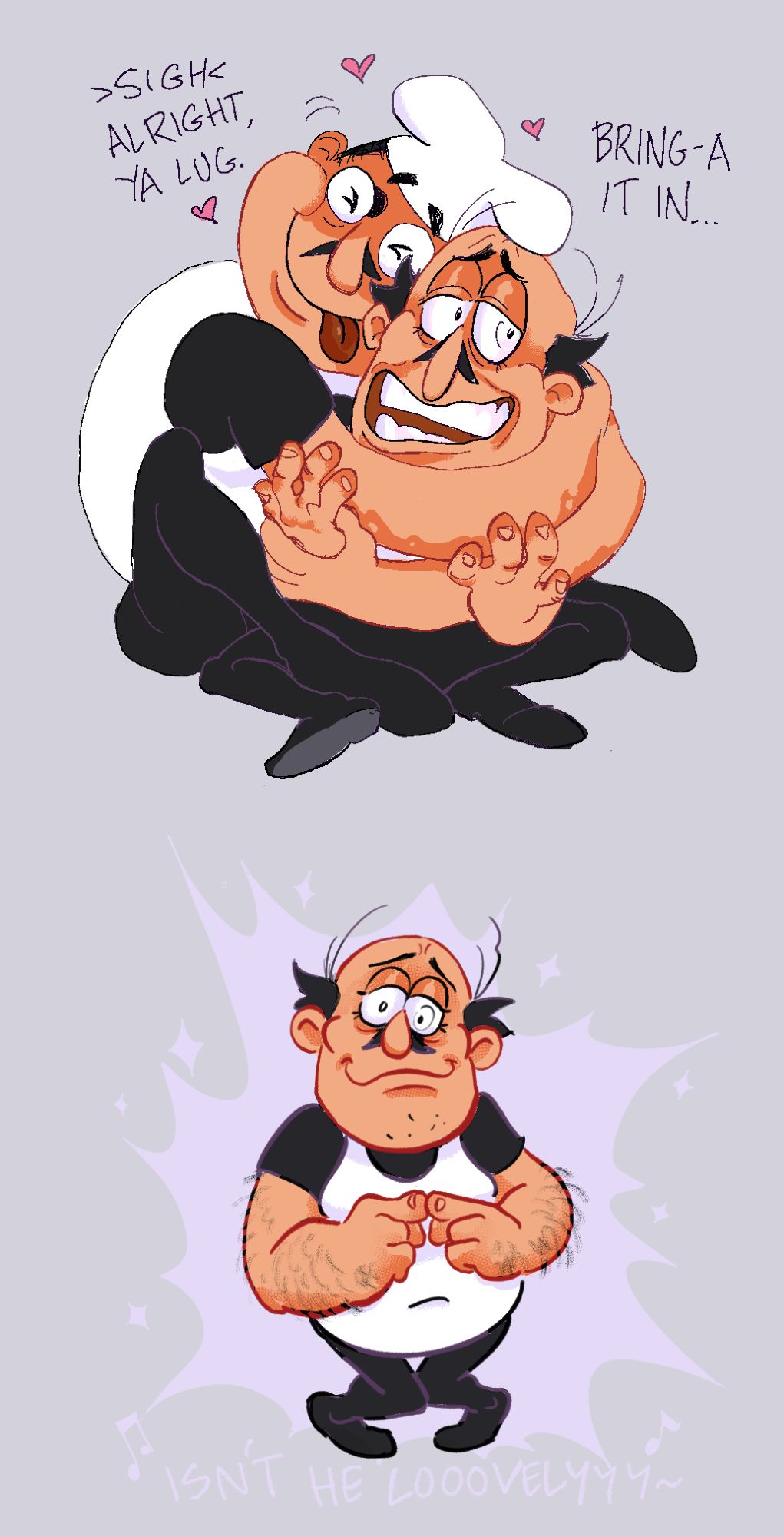 two images in one vertical canvas, grey background. top image, fake peppino is tightly embracing peppino as they are seated on the ground together. his arms are coiled around peppino, and peppino is attempting to hug back from under the hug. fake pep is nuzzling pep with his eyes closed and tongue blepting out in a closed mouth smile. there are lil hearts around his head. peppino's looking off to the side a lil bashfully and smiling sheepishly. above left text: pep says ">SIGH< ALRIGHT, YA LUG." above right text: "BRING-A IT IN..."
bottom pic: peppino without hat standing pigeontoed and pressing his pointer fingers together as he faces forward looking cute. there is a light purple taunt splash behind him with lil sparkles. bottom text "ISN'T HE LOOOVELYYY" is in same purple with musical notes