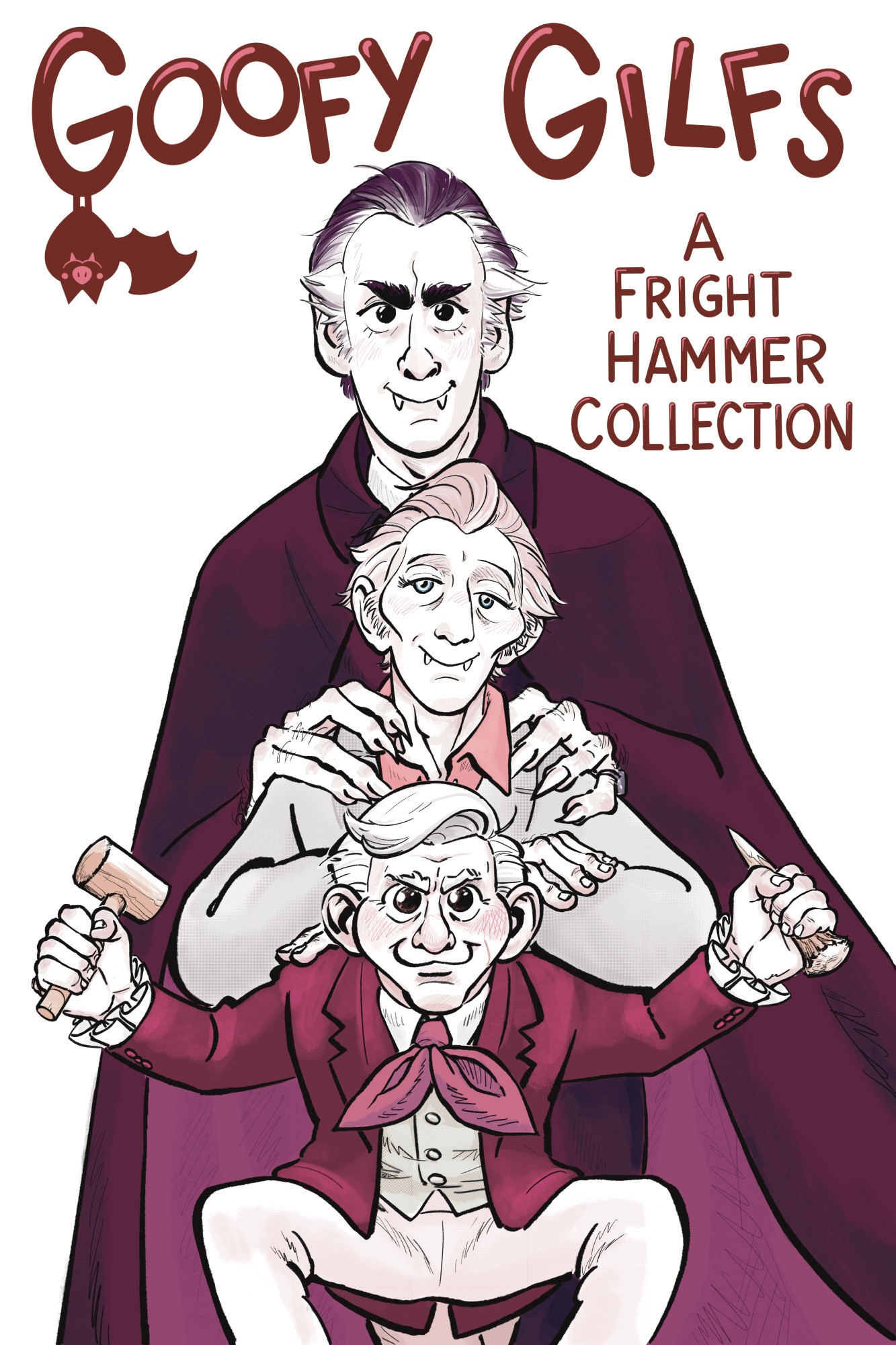 a zine cover for a comic compilation made of my wife and i's combined works for our Fright Hammer AU project, a vampiric old man love comic called "My Roommate Is Dracula." The title reads "Goofy Gilfs: A Fright Hammer Collection." A simplified bat, Daryl, is hanging off the G in Goofy. The three main characters are lined up from tallest to shortest: Dracula is holding the shoulders of Lorrimer Van Helsing, who is folding his arms on Peter Vincent's shoulders. They are all smiling. Peter is crouching and wielding a hammer and stake with a >:3 expression.