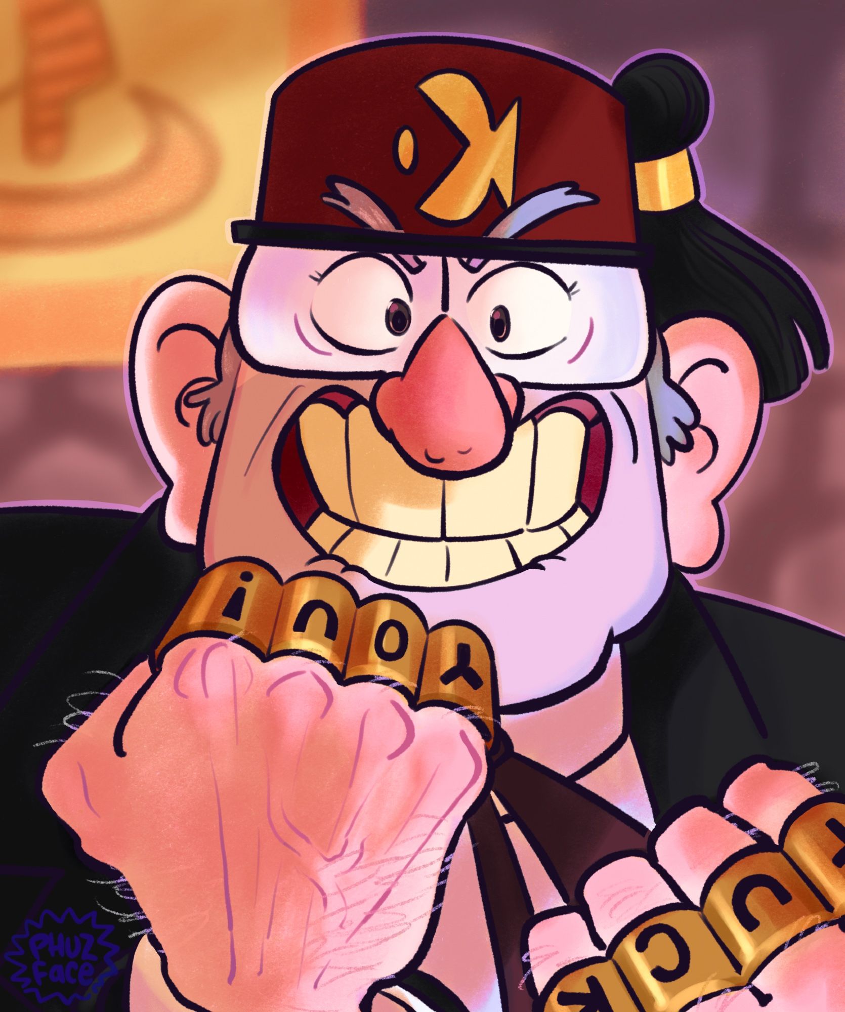 a redraw of Grunkle Stan from The Book of Bill. He is smiling broadly and raising both fists, donning brass knuckles. They have letters on the knuckles that read "*uck you!" (the f is cut off). Behind him is the stone interior wall of the Mystery Shack, with the Royal Order of the Holy Mackerel tapestry partially in view.