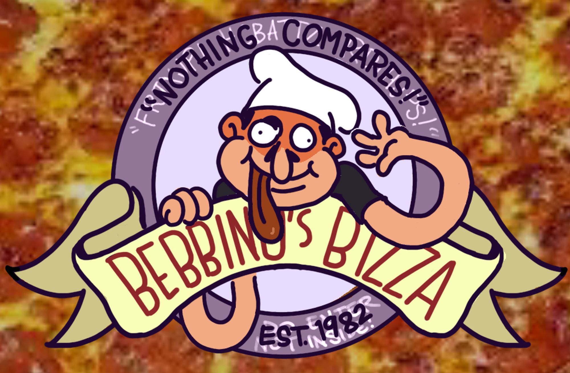 In the style of "Mark's Pizzaria" is a logo for fake peppino's pizza. in the background is a crusty overblown jpeg of a pizza. in foreground is fake peppino contained in a purple and lavender hoop with a yellow banner that says "BEBBINO'S BIZZA." he is hanging off of it with long noodly arms, smiling and waving with his tongue hanging out. The top of the purple logo hoop says "NOTHING COMPARES" in black text, overlapping lighter keysmash text. bottom hoop text says EST. 1982 in black, the words DO ENTER NOT INSIDE hidden behind.