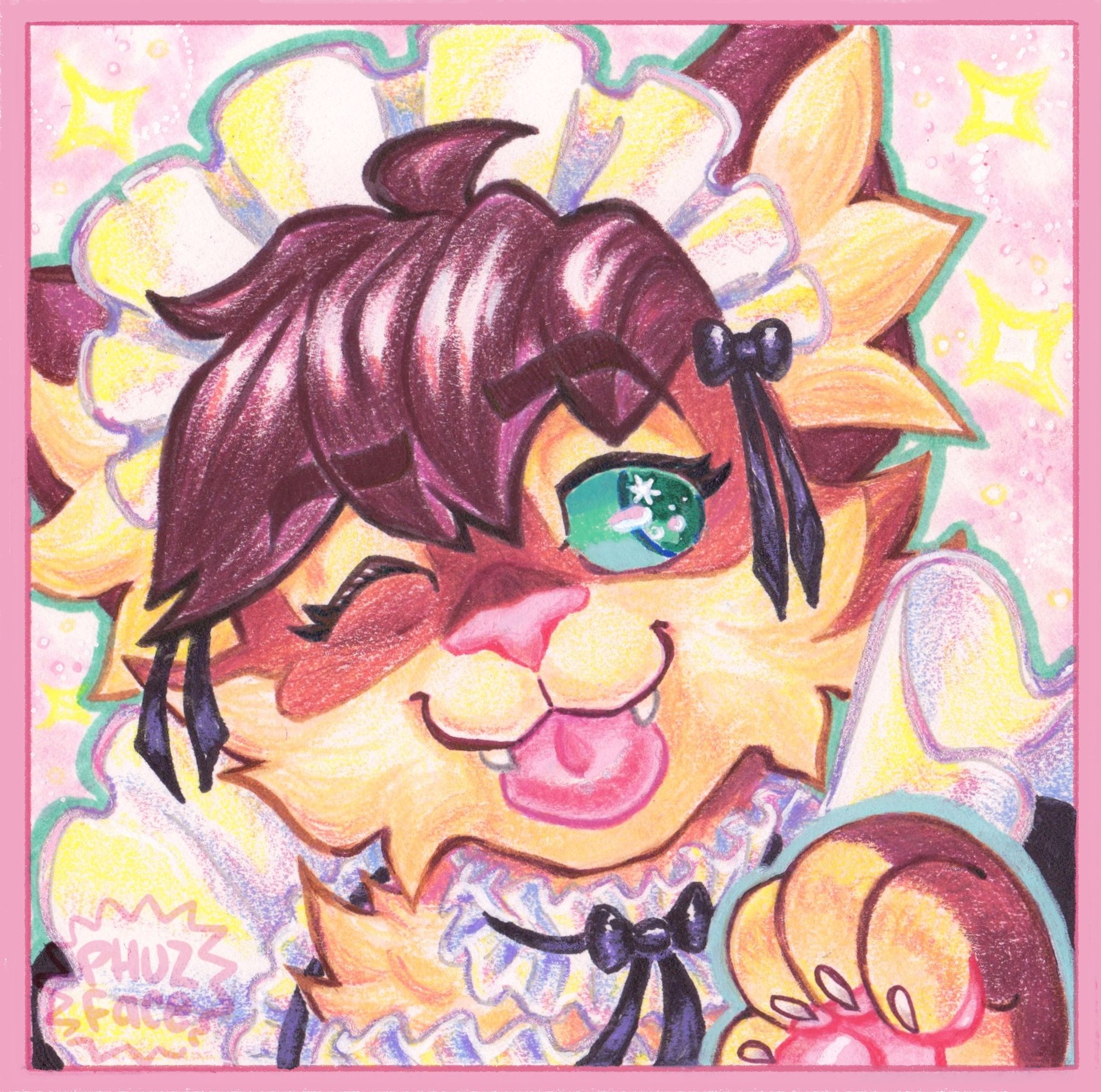 icon commission of a brown and cream colored catboy wearing a frilly French maid outfit. He is winking, smiling and sticking out his tongue  while lifting a paw in the "nya" fashion. He has aqua green eyes with stars and light glints. There are pink and yellow sparkles and anime bubbles in the background. its made with markers, ink, and colored pencils.
