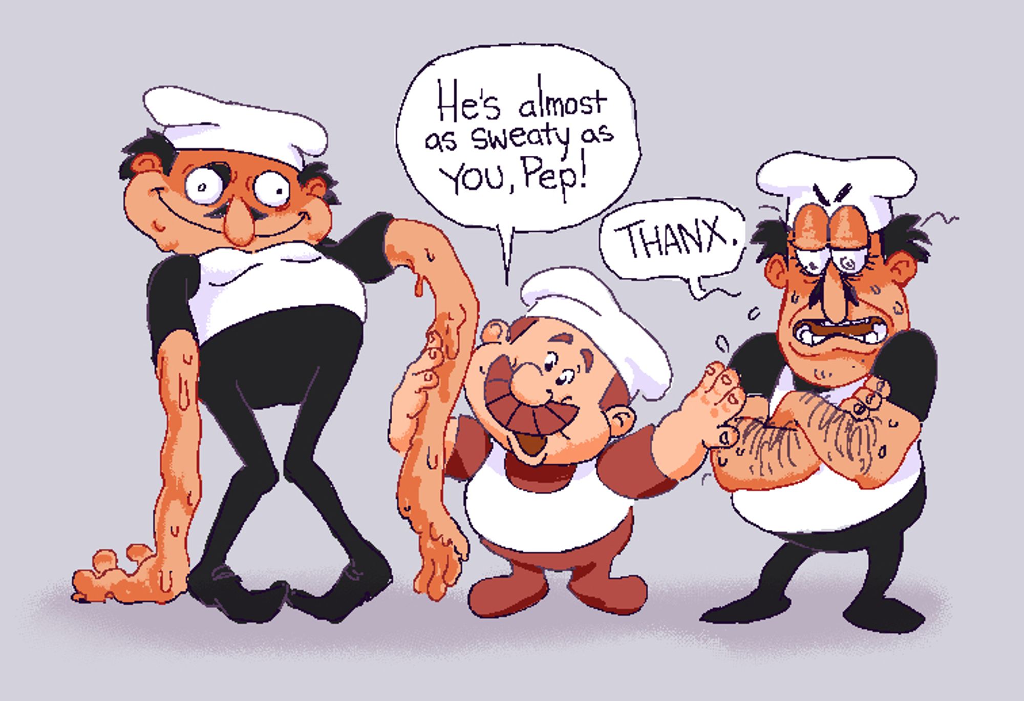 grey background. left to right standing next to each other is fake peppino, gustavo, and peppino spaghetti from pizza tower. fake pep is standing pigeontoed with a vacant smile. he is very slimy. gustavo is touching both fake pep's and real pep's arms, and his speech bubble declares "He's almost as sweaty as YOU, Pep!" "THANX," is Peppino's irate reply as he sweats and crosses his arms.