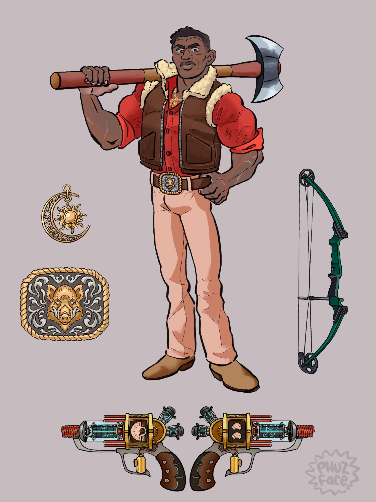 a digital piece of Hugo Blood, a tall, muscular black male hefting a doubleheaded axe over his shoulder. he has many scars streaking his forearms. he's wearing a red blouse, khaki pants, cowboy boots and a sheep leather vest. he has an ornate wild boar belt buckle and a golden medallion of a crescent moon cradling the sun. both are being worn as well as displayed in detail to his left. on his right is a jewel green hunting bow. below him is a tesla pistol, left and right details shown. its glass tube barrel crackles with electricity.