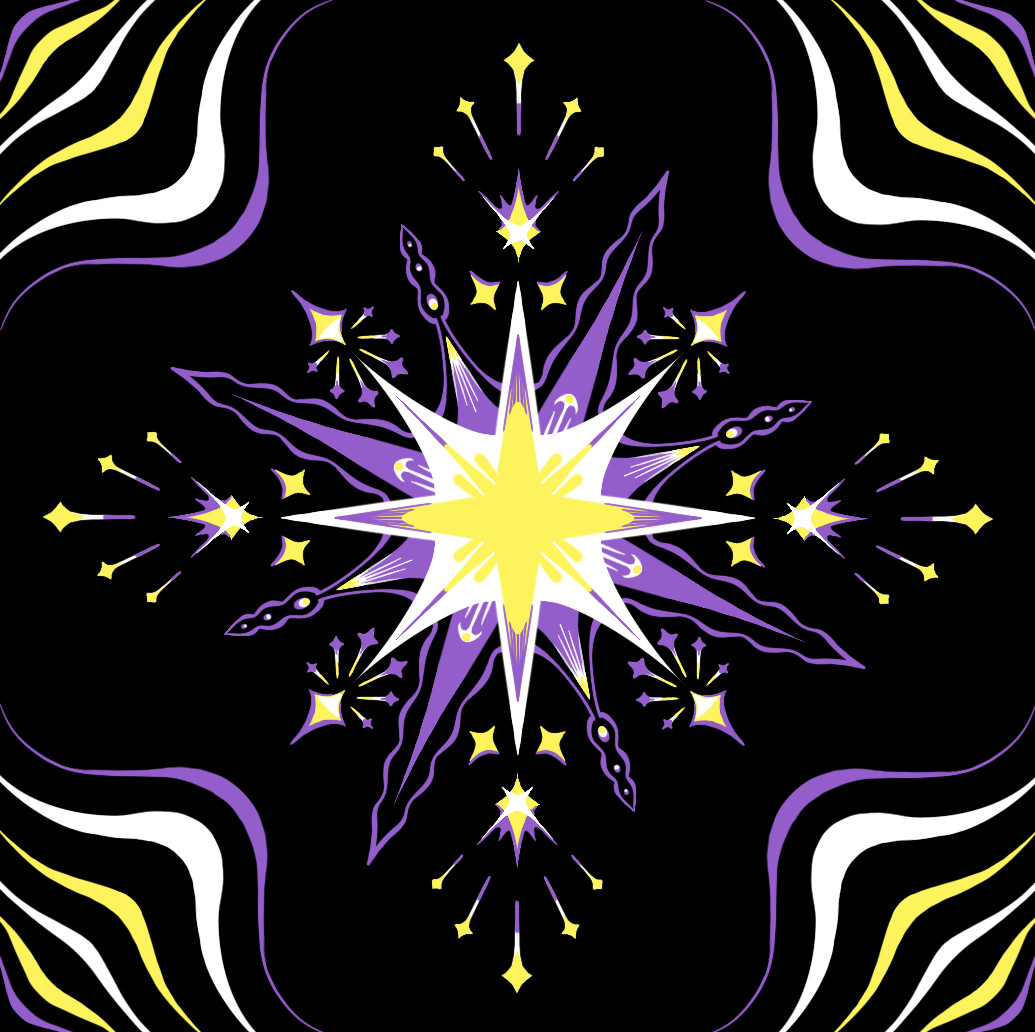 an elaborate star design featuring the nonbinary flag colors of yellow, white, purple, and black.