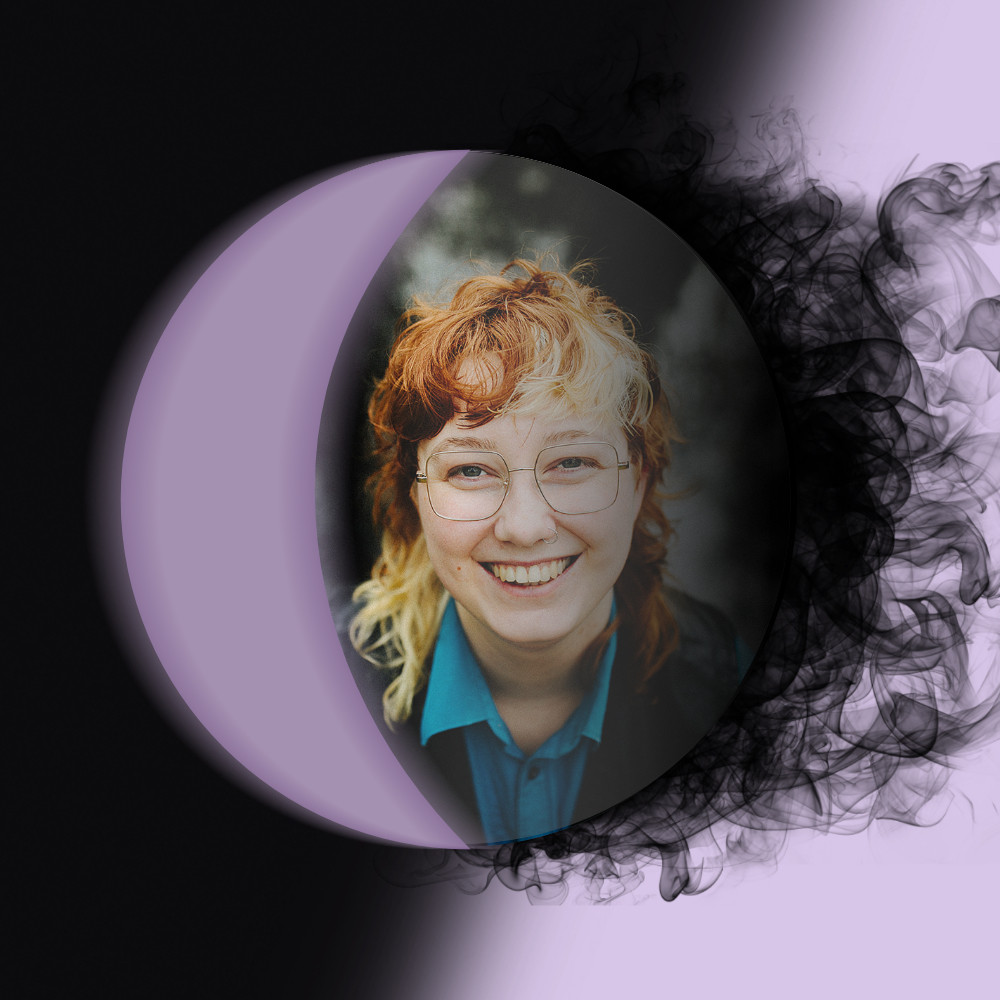 A photo of Anna, set into a lavender waning crescent moon, with shadows emanating from its dark side.