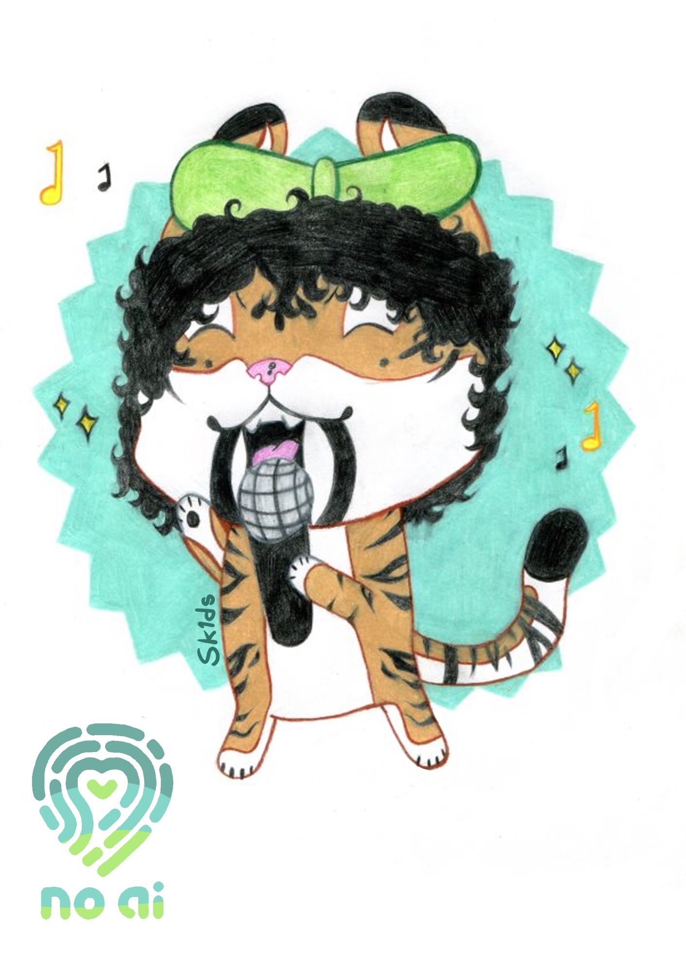 Colored pencil drawing of a chibi (very small), singing tiger with their eyes closed. black curly hair and holding a microphone. A green bow on top of the tiger’s head. One colored background of a light turquoise with floating music numbers in yellow and black.