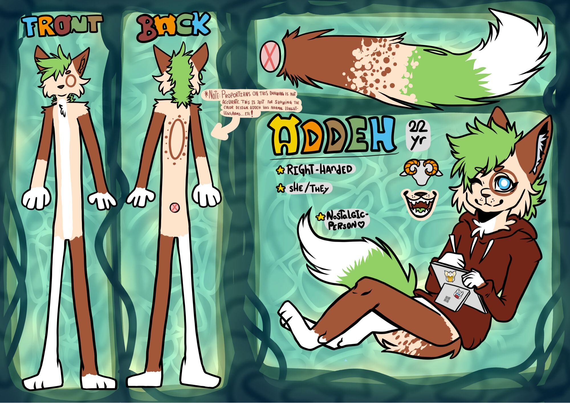 Reference sheet of a fursona. (A fictional made up character).
Species: Norwegian Forest Cat with green colored floofy hair and body fur a mix of a light skin tone, with parts being brown and white. Around the left eye is a brown circled line.

The tail is a mixture of all the colors, starting with brown and mixes into the skin color that bleeds into the grass green color like the hair. The tip of the tail is white like a fox.

On the back of the cat there is a brown circled line with several dots surrounding it.

The background resembles looking into the sea, with a green/blue tone.