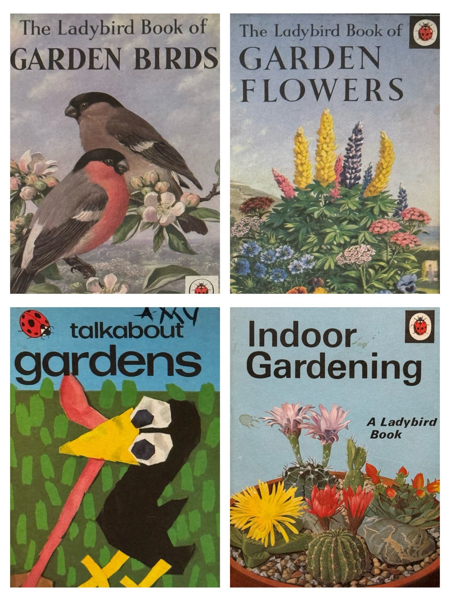 Four Ladybird book covers (‘Garden Birds’, ‘Garden Flowers’, ‘Talkabout Gardens’, and ‘Indoor Gardening’).