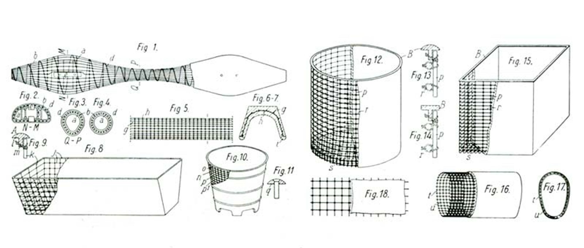 Black and white diagrams of various items made with Monier’s reinforced concrete.