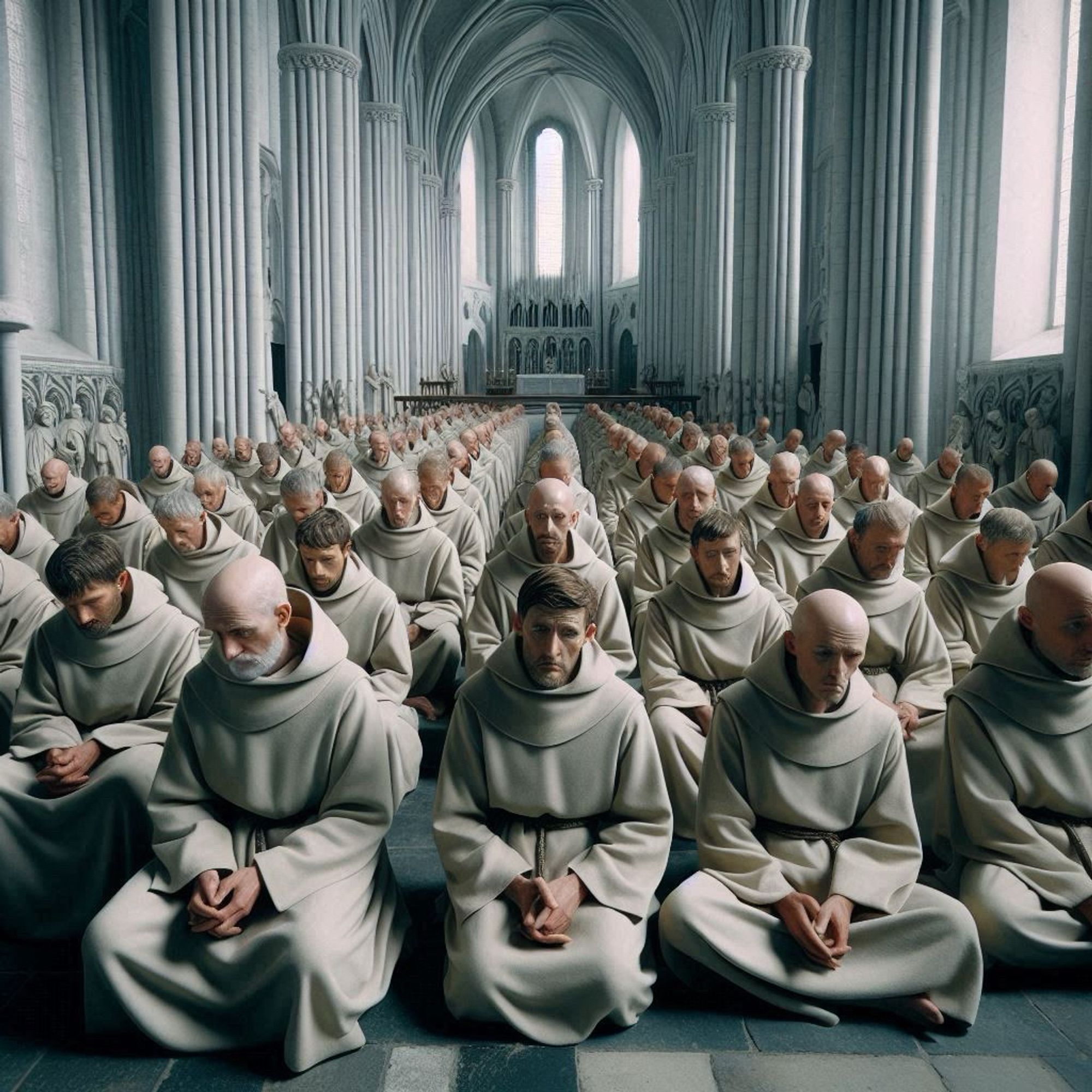 A picture of lots of sad and disillusioned monks sat in a church.