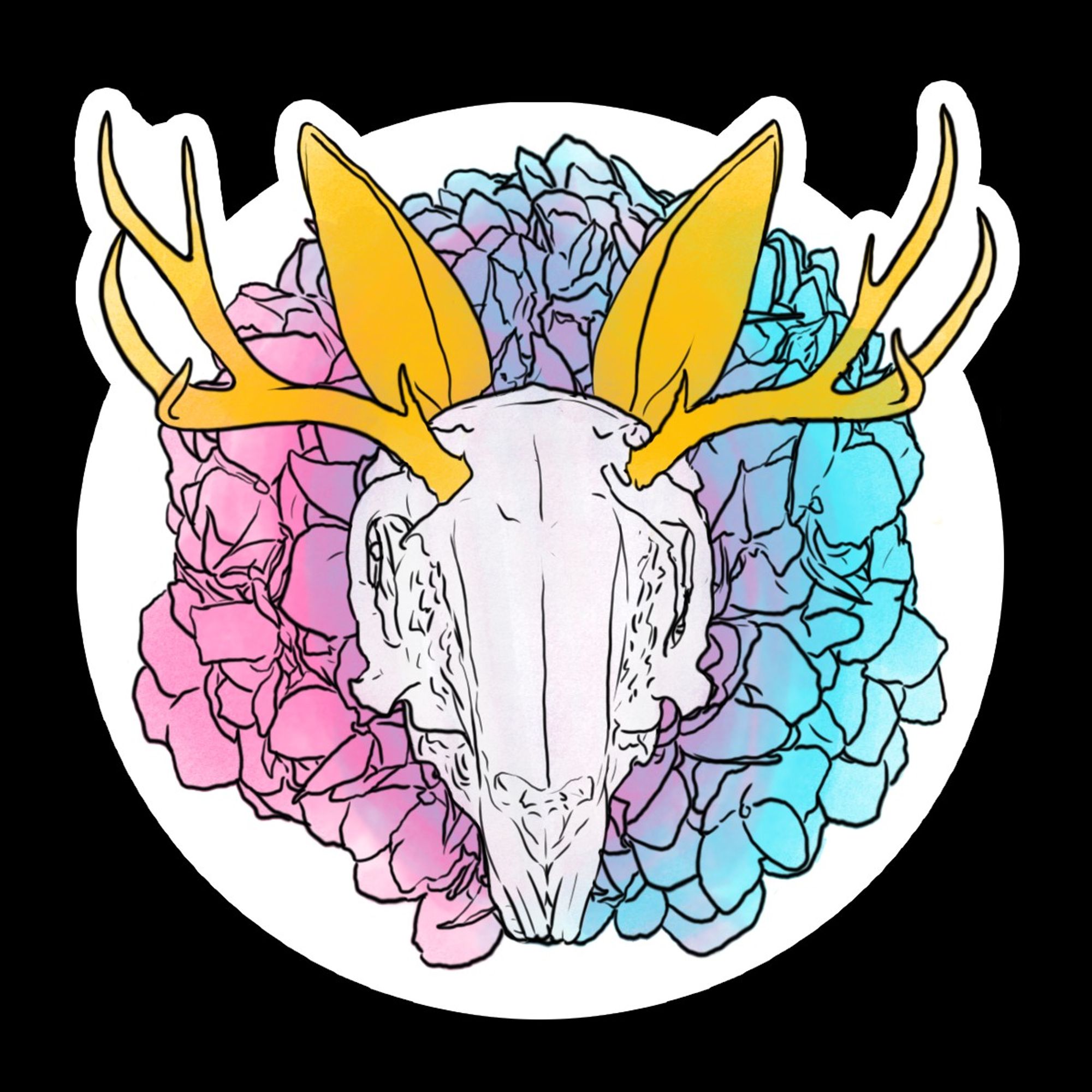 A rabbit skull with golden ears and antlers, atop hydrangea mixing from pink to purple to blue.