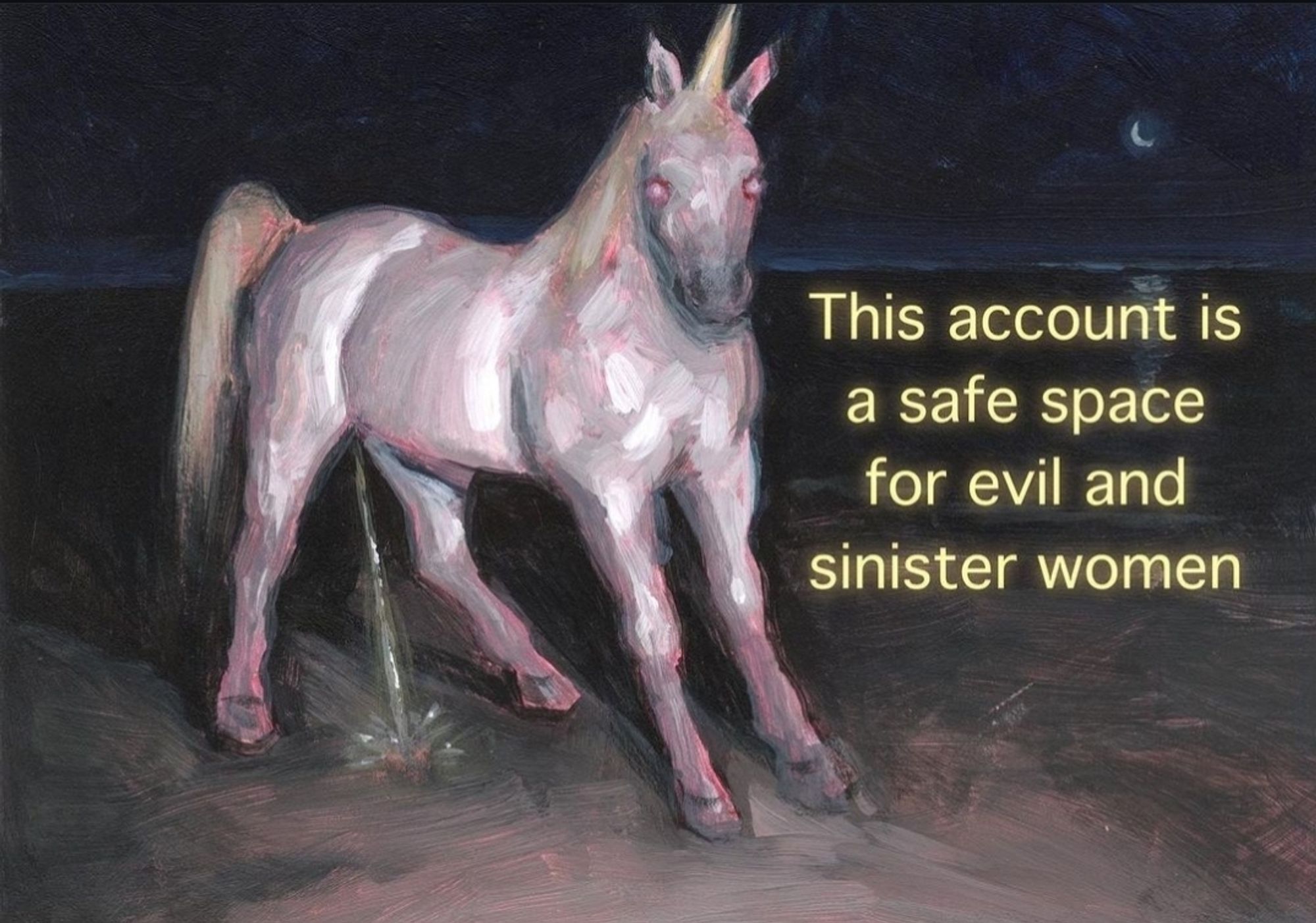 art of a pale red eyed horse having a piss, by colete martin

text on the image says "this account is a safe space for evil and sinister women"