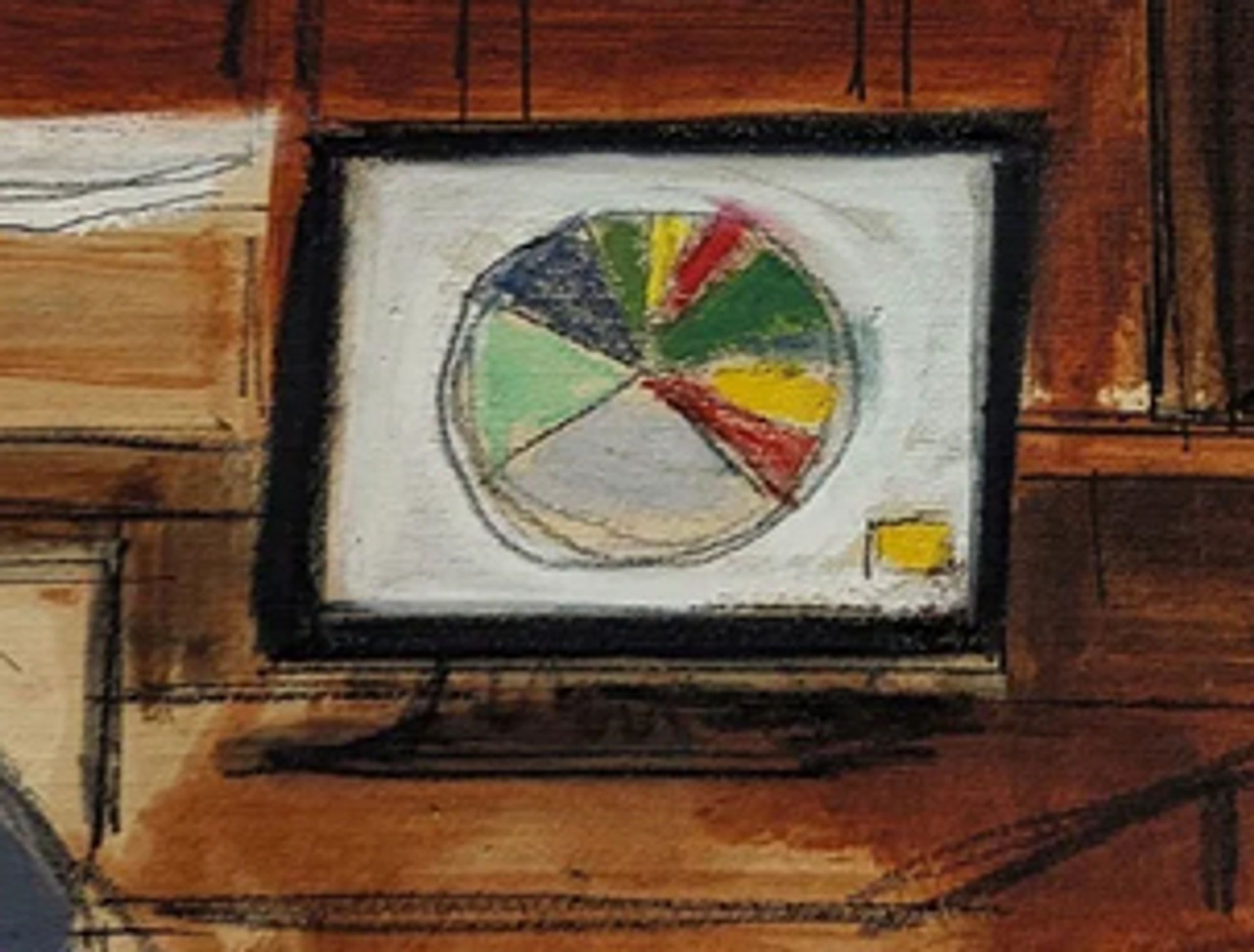 A courtroom sketch of a mostly circular pie chart.