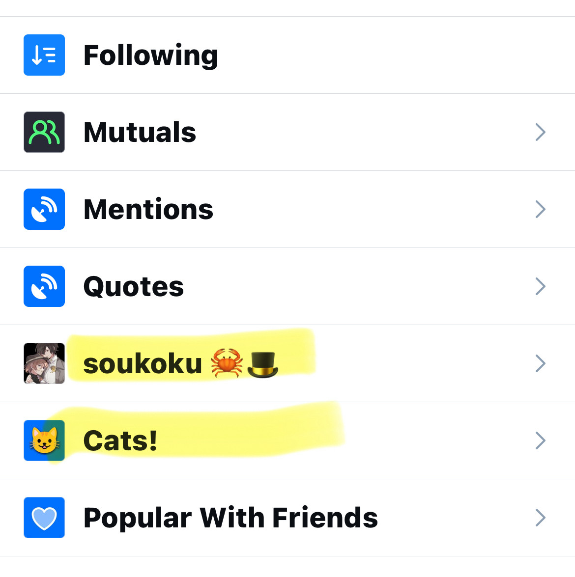 A list of Lily’s Bsky feeds with “Cats!” And “Soukoku” highlighted.