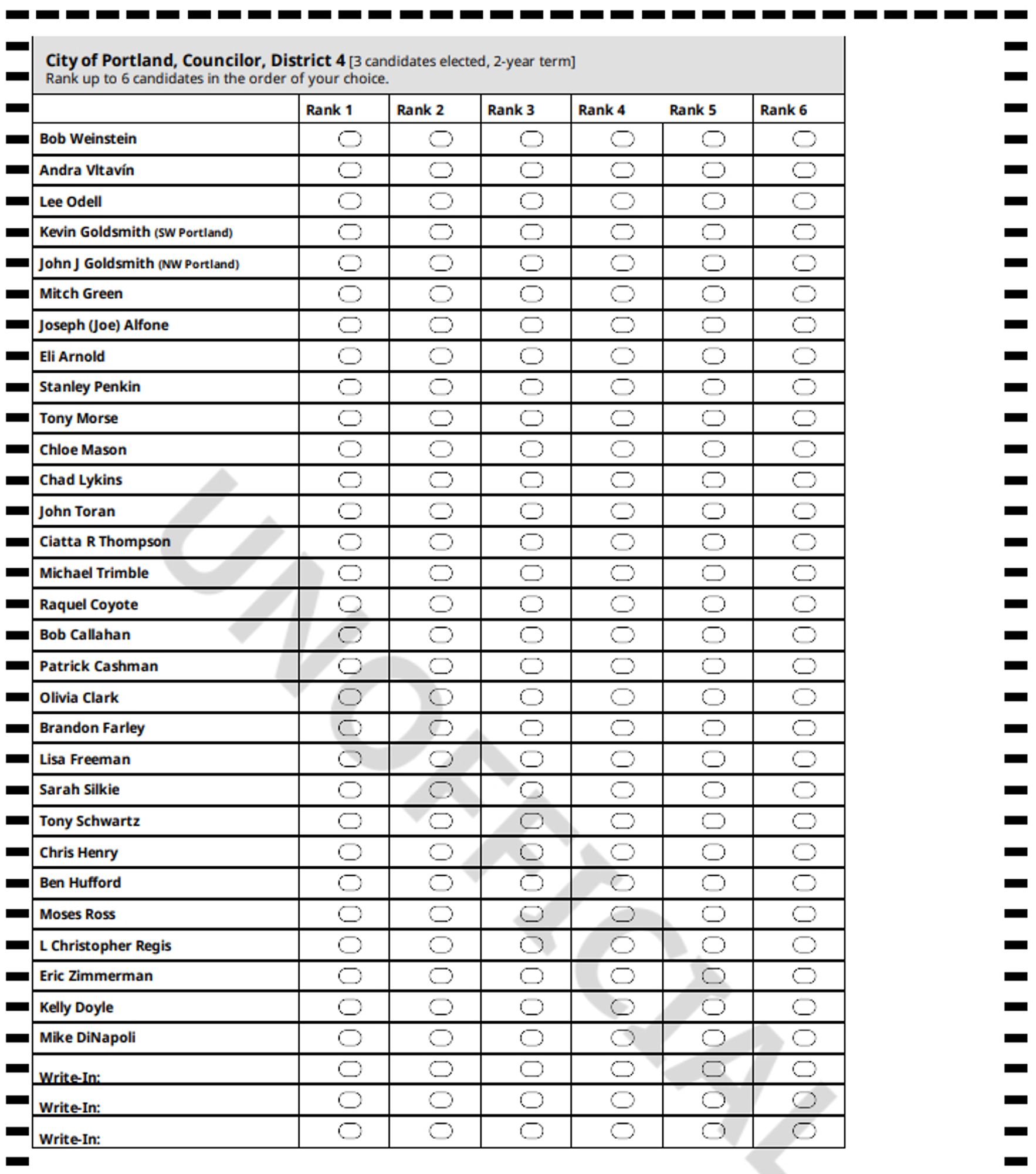 RCV ballot for Portland's District 4