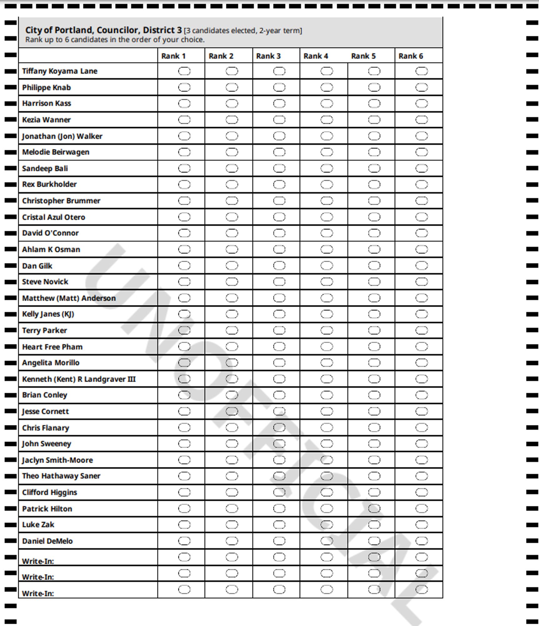 RCV ballot for Portland's District 3