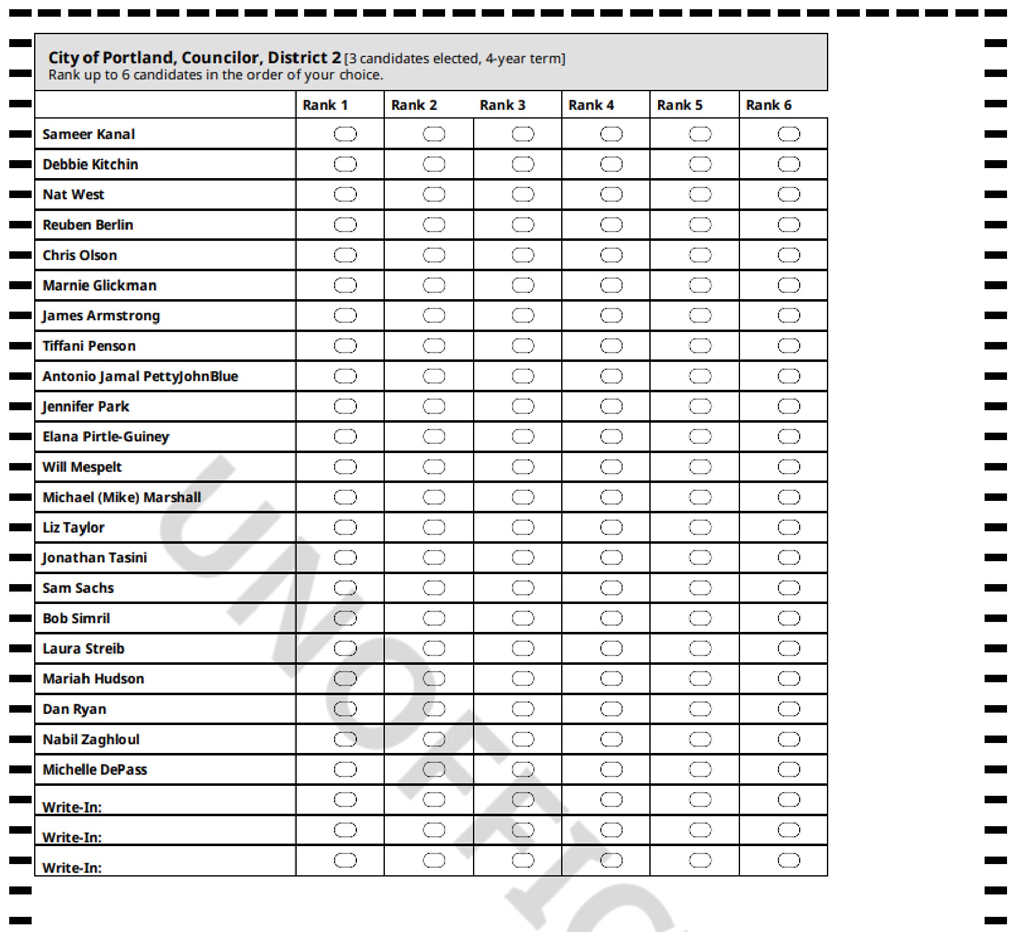 RCV ballot for Portlands District 2