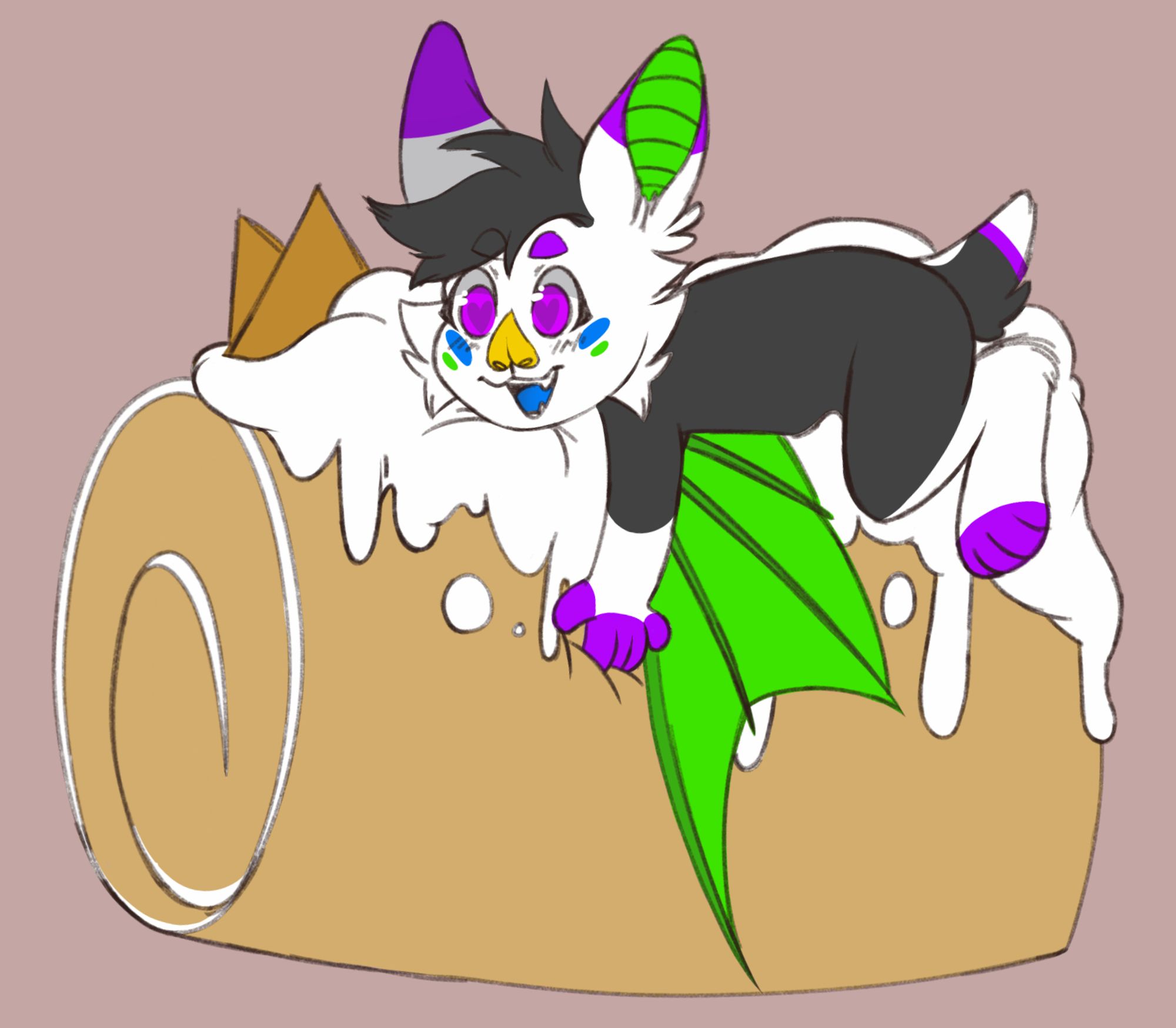 A picture of sonata the bat, a white and black honduran bat fursona with accents of purple, green and blue. They are sitting on a pumpkin roll. This art is by MilkyMooCat on Discord.