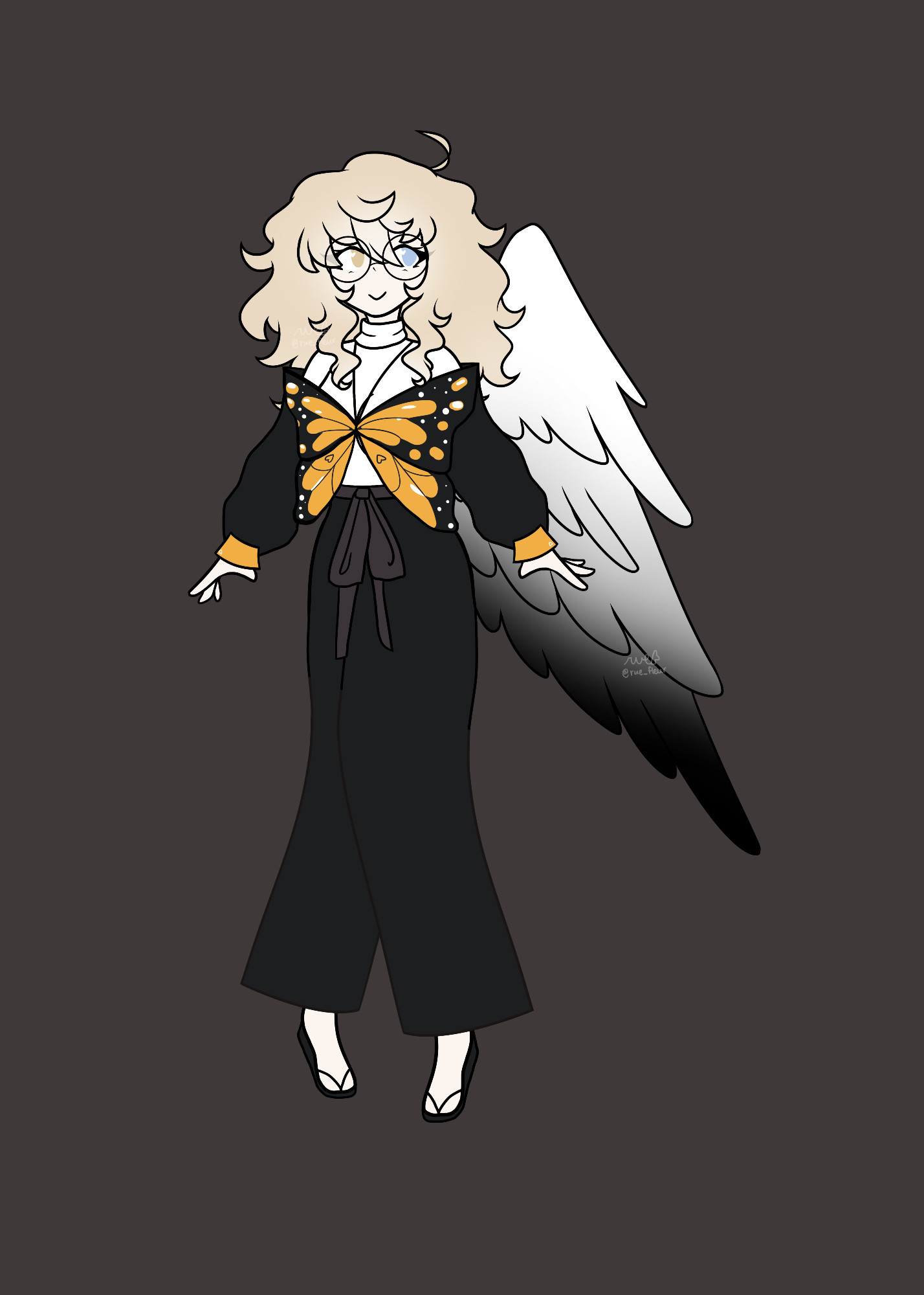 angel with one wing, which has black on the tips at the end
heterochromia - yellow and blue
glasses
monarch butterfly sweater, main color being black
white turtle neck
long dark pants with a ribbon at the top
black sandals