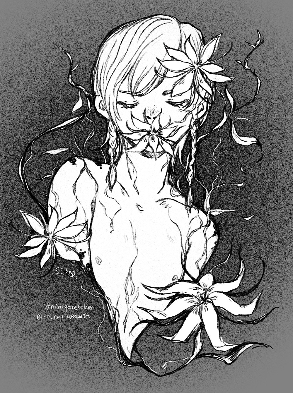 Black and White drawing of Olivier with Wyvern Tail flowers growing from his mouth and skin