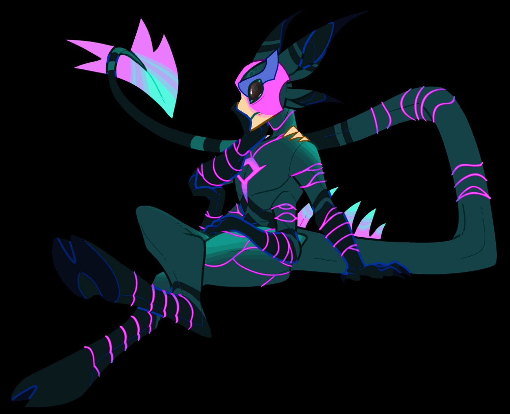 ｢ id: a digital fullbody drawing of Harvey the chromaratharix. he is bipedal with digitigrade legs, four arms, four ears, a somewhat humanoid face, and a long prehensile tail that ends in a barb. his skin is dark grey with black accents, and pink vein-like markings. his mask-like face is pink with a yellow snout and blue brows. three yellow spikes adorn his shoulders and his eyes are black. he looks to the side, lounging against an invisible surface, crossing his hoof-like legs and resting his chin in his right hand(s) /end id ｣