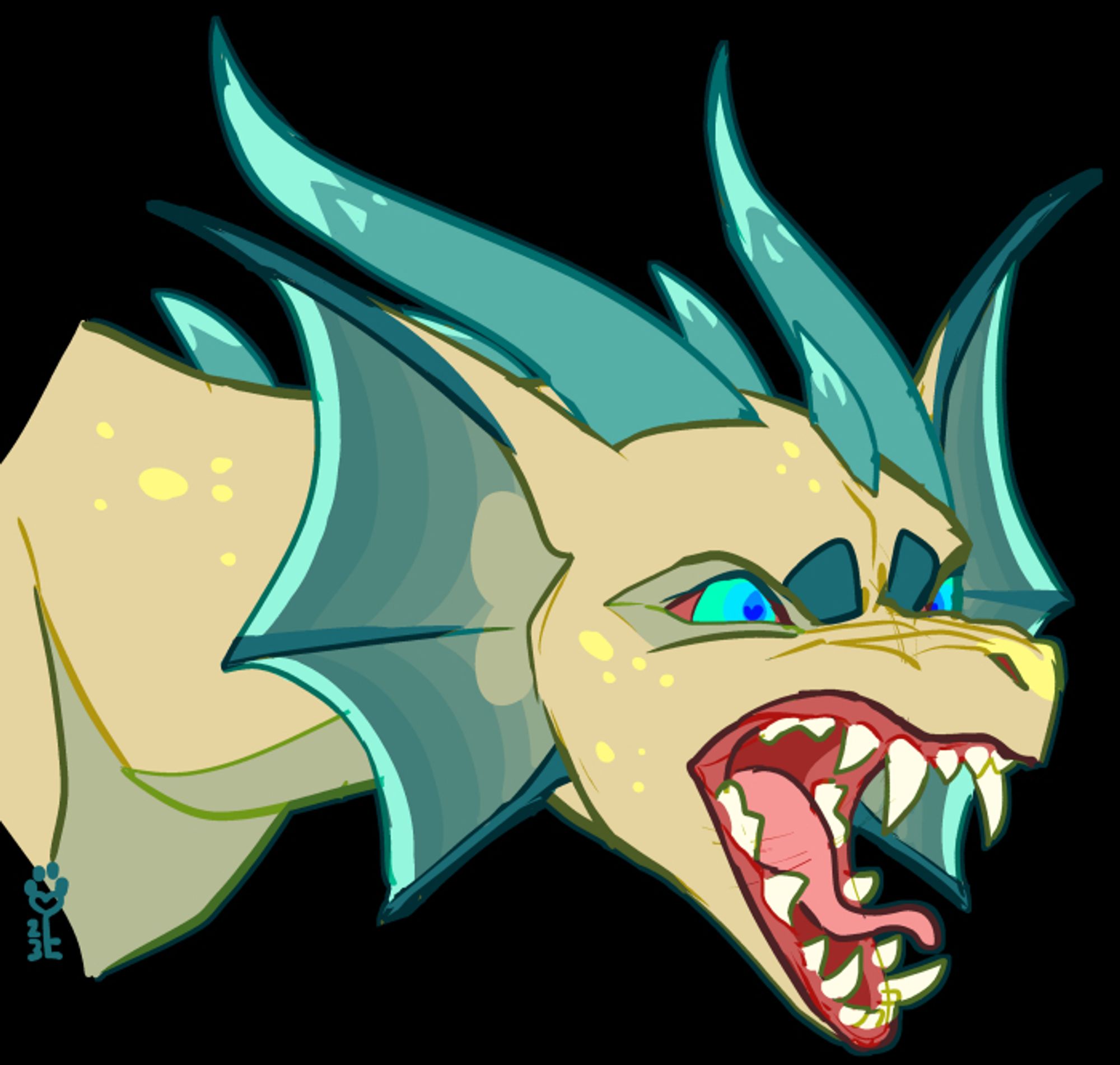 id: a digital portrait drawing of Sovarryn the dragon. his scales are pale gold, flecked with yellow, & pale green accents. his large webbed ears are teal, edged in bright turquoise, as well as his horns, spines, & claws. his skin is pink, teeth are white, his eyes are bright aqua. he snarls angrily at something off-screen, mouth open wide /end id