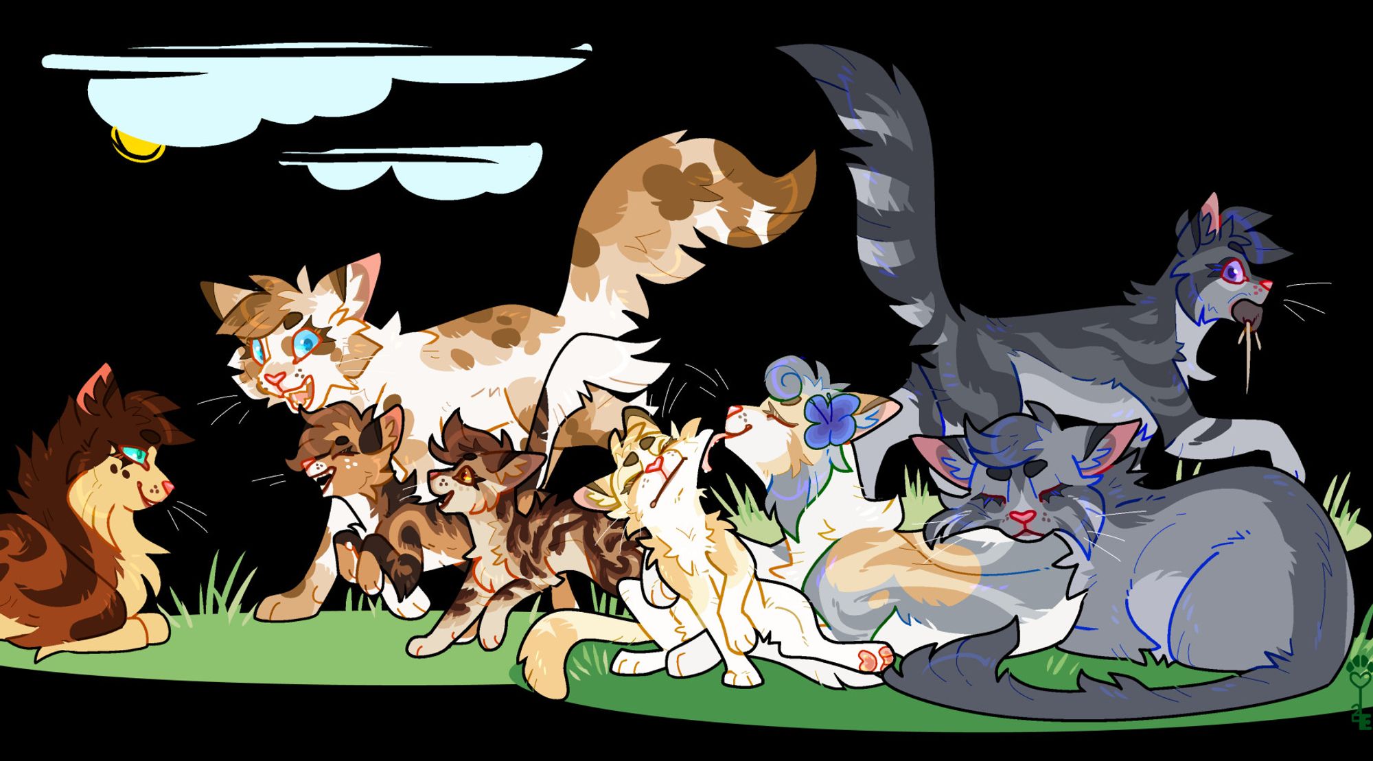 ｢ id: a digital drawing of various members of RubbleClan from Warriors. the cats are in a loose group, relaxing in the grass under a partly sunny sky. Flakefang (grey longhair) rests his head on his partner, Frostflower (grey-orange-white tortie)'s back as she grooms their reluctant son, Sweetpaw (orange & white tabby). behind them, Flakefang's sister Mistytuft (grey tabby) walks by with a mouse. on the left, Mudskip (brown & white tortie) brings his children Leopardpaw (brown & white tabby) and Pheasantpaw (brown tabby) to visit his sister, Maplesong (copper tabby) /end id ｣