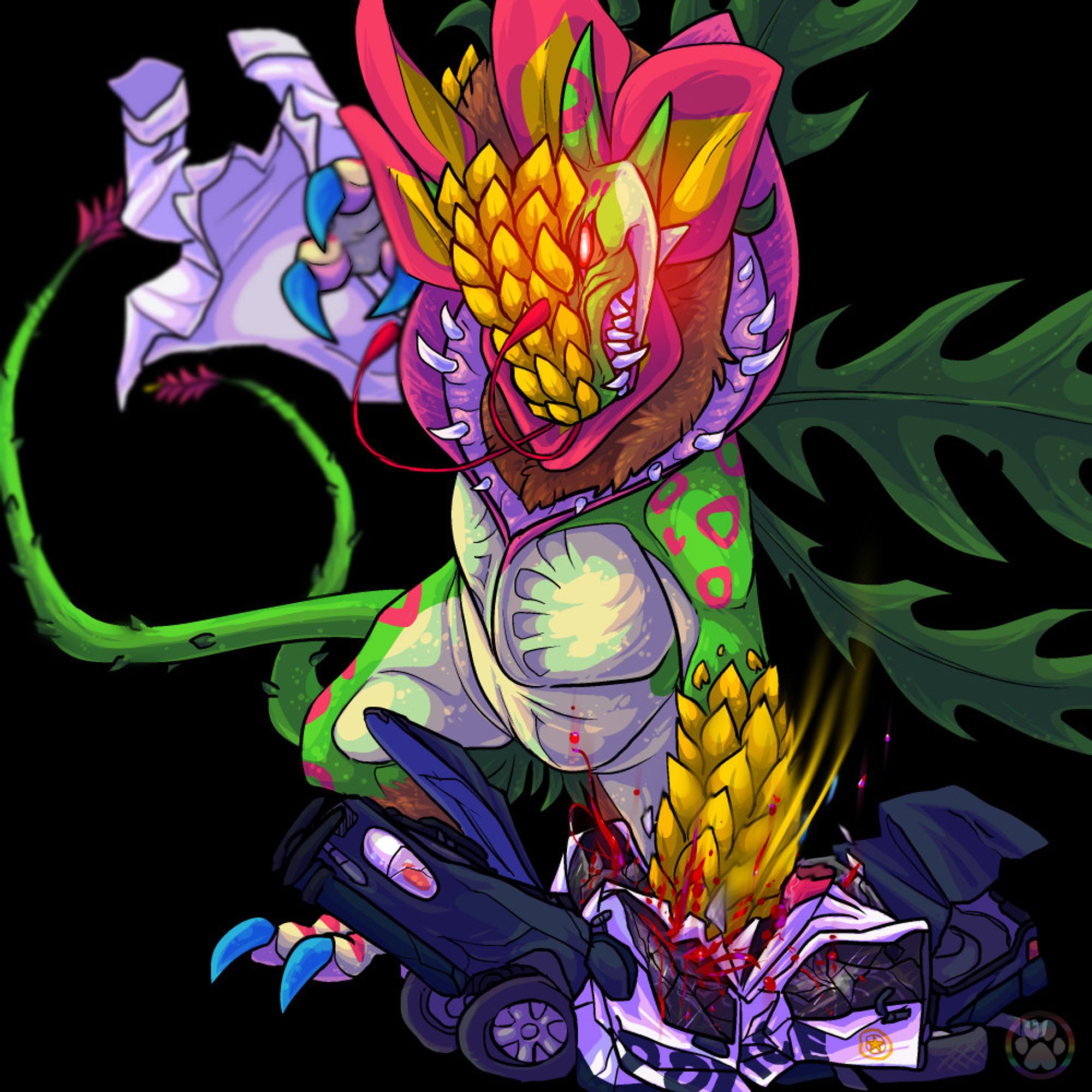 ｢ id: digital fullbody drawing of Faust the toropiamon from Digimon. they're mixture of draconic and plant-like attributes, with bright green scales, long thorny tails, and yellow spiky armor on his head and forearms. five large red and yellow petals frame their head, and four leafy wings are revealed as he throws off his white lab coat, while gleefully destroying a police car with a single punch /end id ｣