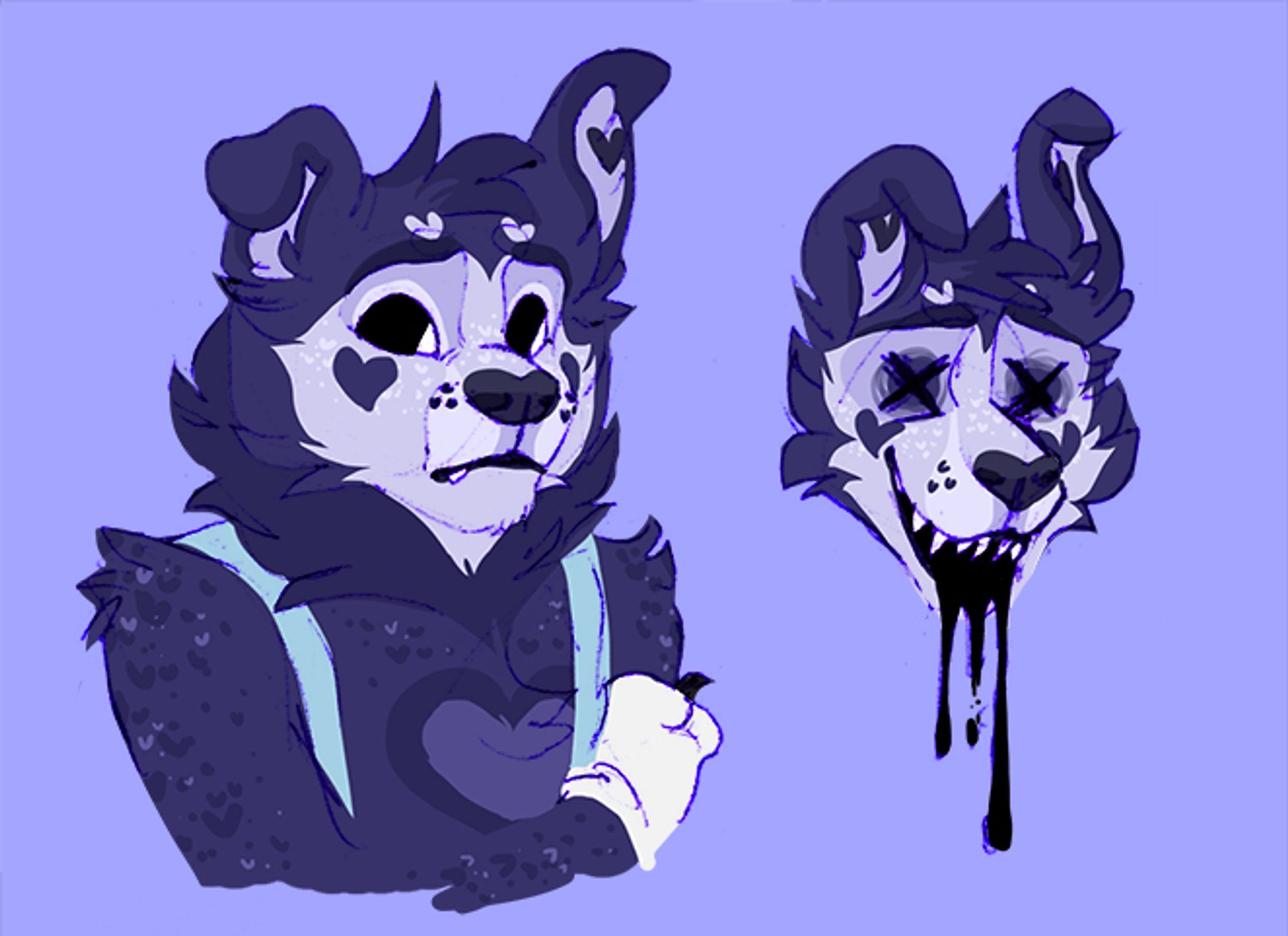 [ id: a mixed media portrait and headshot of Boris the Wolf from Bendy and the Ink Machine. his fluffy fur is blueish black, with a faint heart on his chest and heart shaped freckles. his face is off-white with heart shaped cheek spots. his nose and eyes are black, his ears are floppy. the portrait Boris clings to his arm and looks away pensively. the headshot Boris smiles with ink pouring from his mouth, his eyes now Xs /end id ]