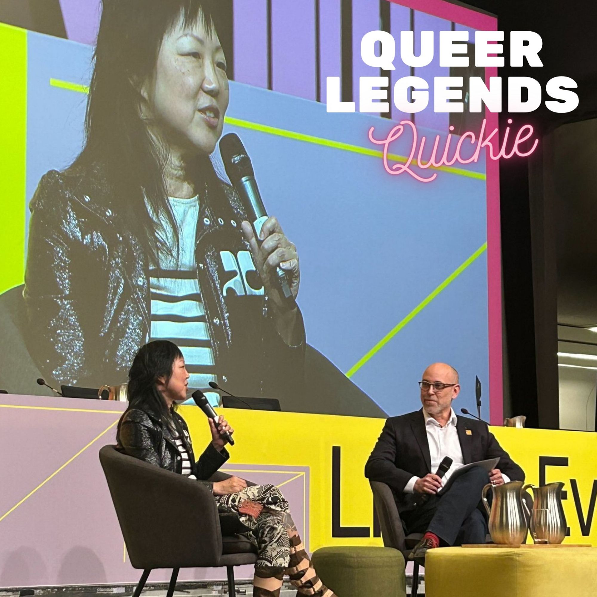 Podcast cover photo of Margaret Cho, seated left and towering above on a large screen. Shawn Dearn is seated at right for a fire-side chat about Cho's activism.