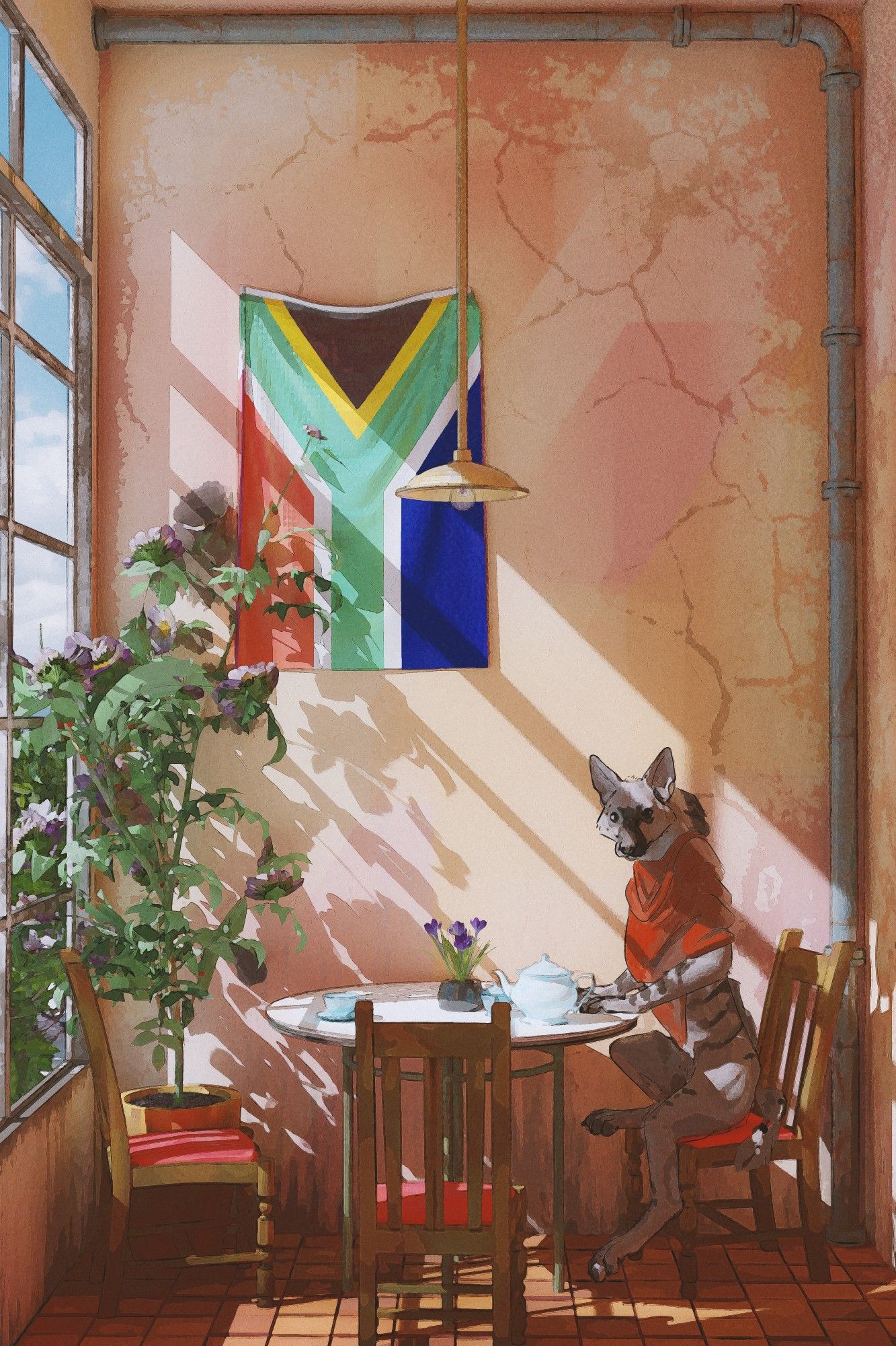 A window lit nook in some old building. There is table with a few chairs and an south African flag hung vertically on the old cracked wall. On one of the chairs on the right of the image is a small ardwolf looking at the viewer.