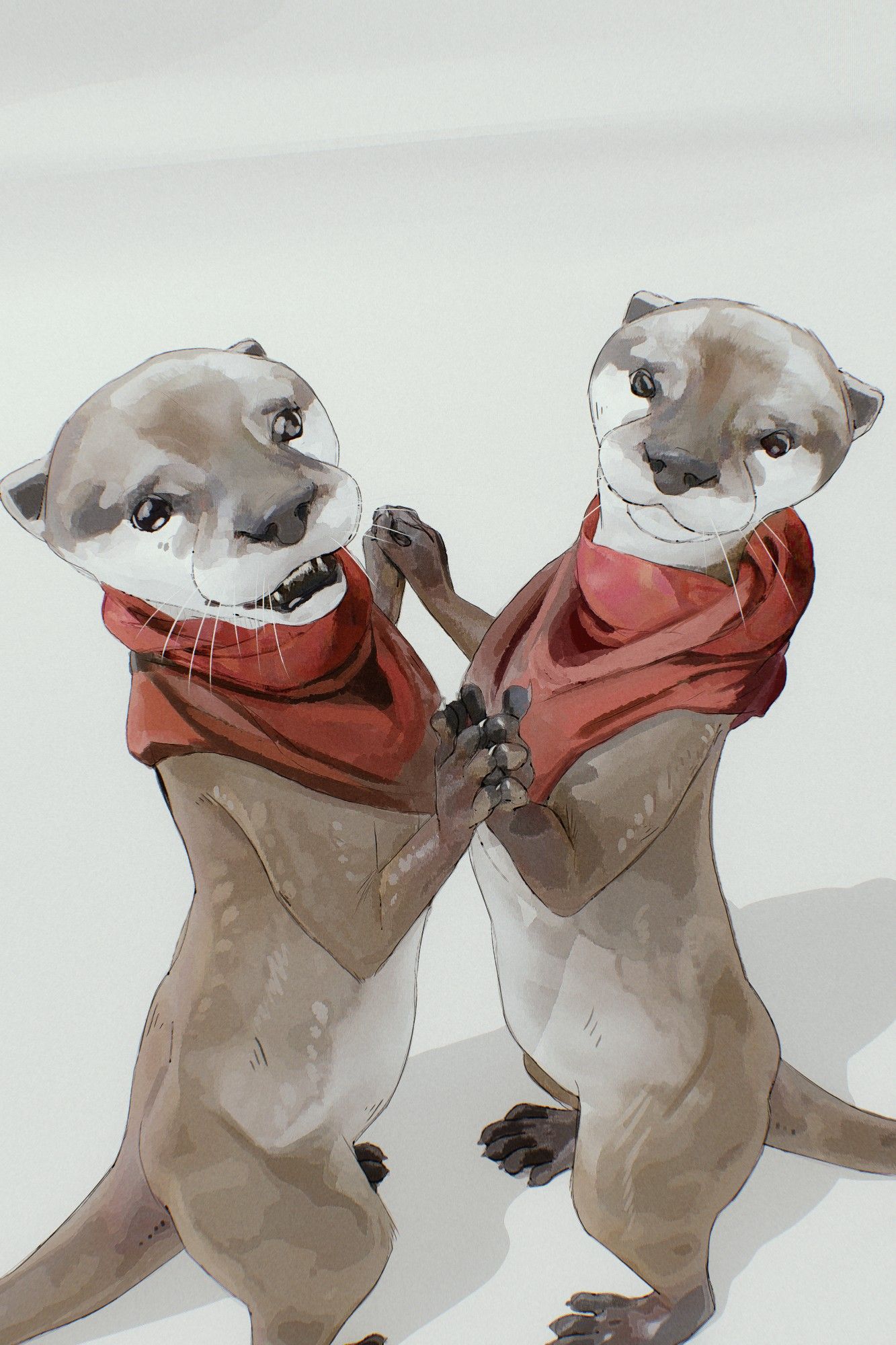 Two otters holding hands, looking up at the viewer. They are wearing red scarves